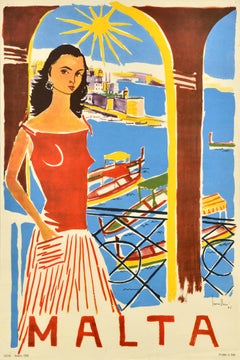 Original Vintage Travel Poster Malta Valetta Grand Harbour Antoine Camilleri