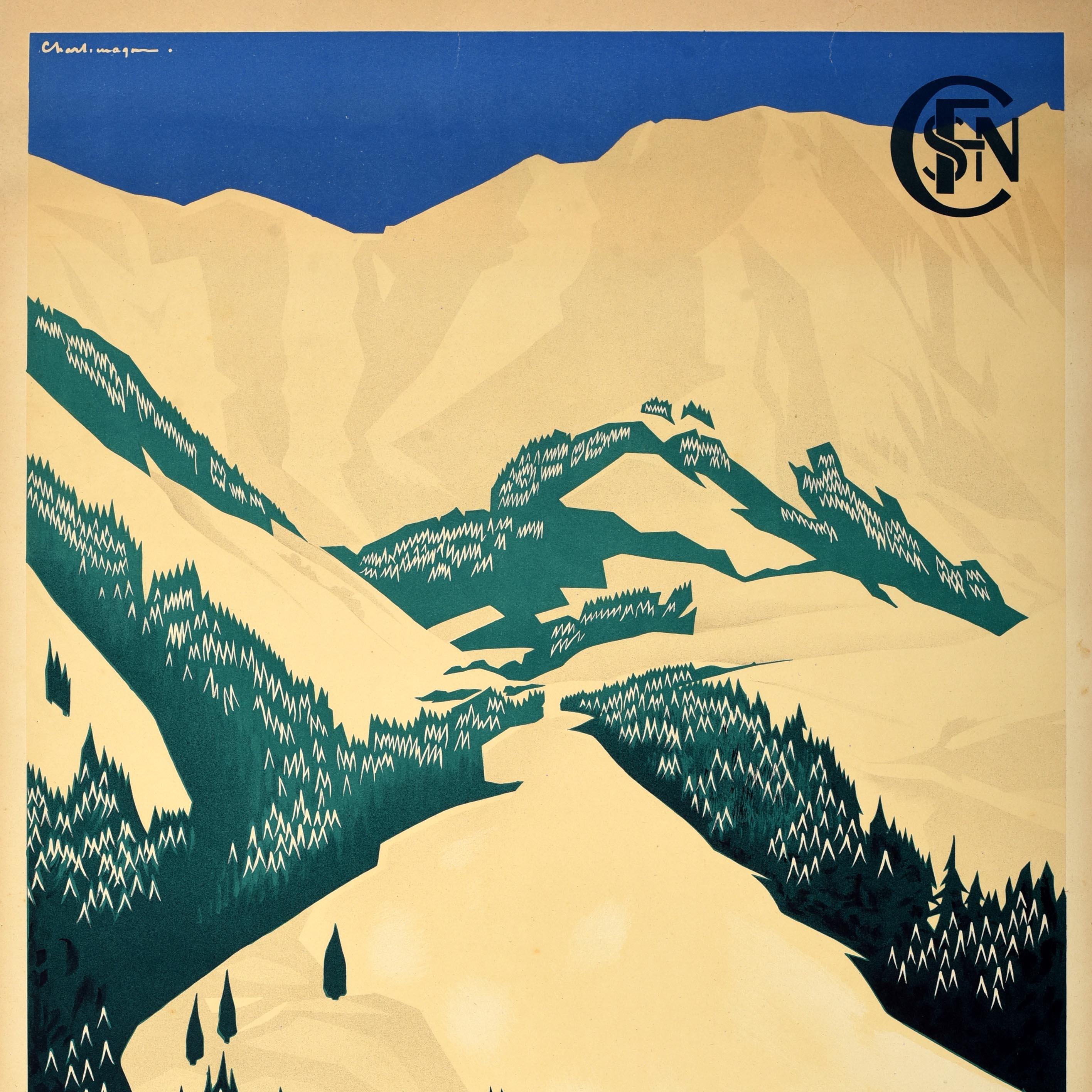 Original Vintage-Reiseplakat Megeve, Ski, Frankreich, SNCF, Eisenbahnen, Kunst, Alpen, Design (Orange), Print, von Unknown