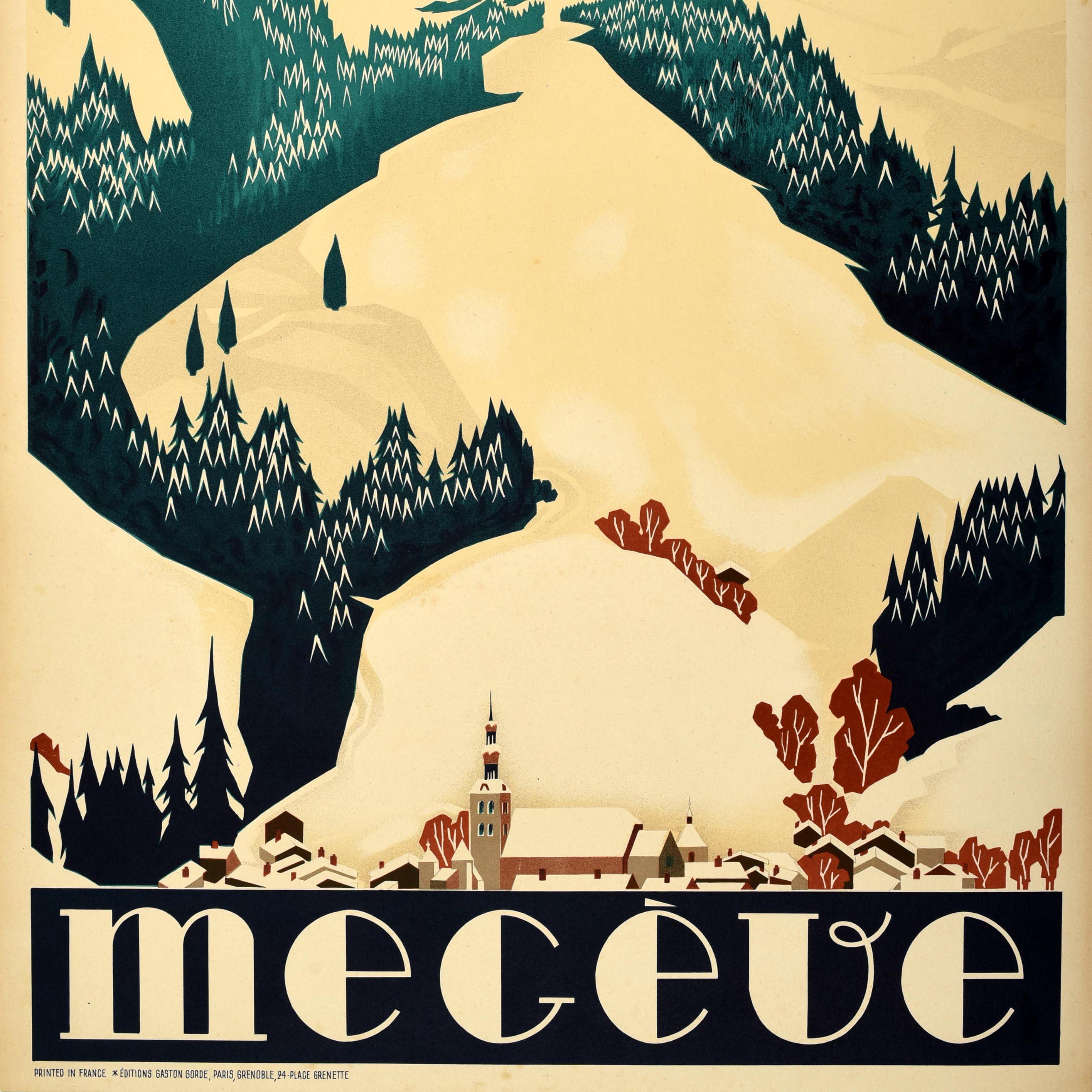 Original vintage travel poster for Megeve issued by the state owned French National Railways (SNCF Societe Nationale des Chemins de Fer Francais; founded 1938) featuring a view of tree lined ski slopes on snow covered mountains below a blue sky with
