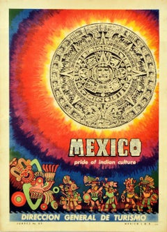 Original Retro Travel Poster Mexico Pride Of Indian Culture Aztec Sun Stone