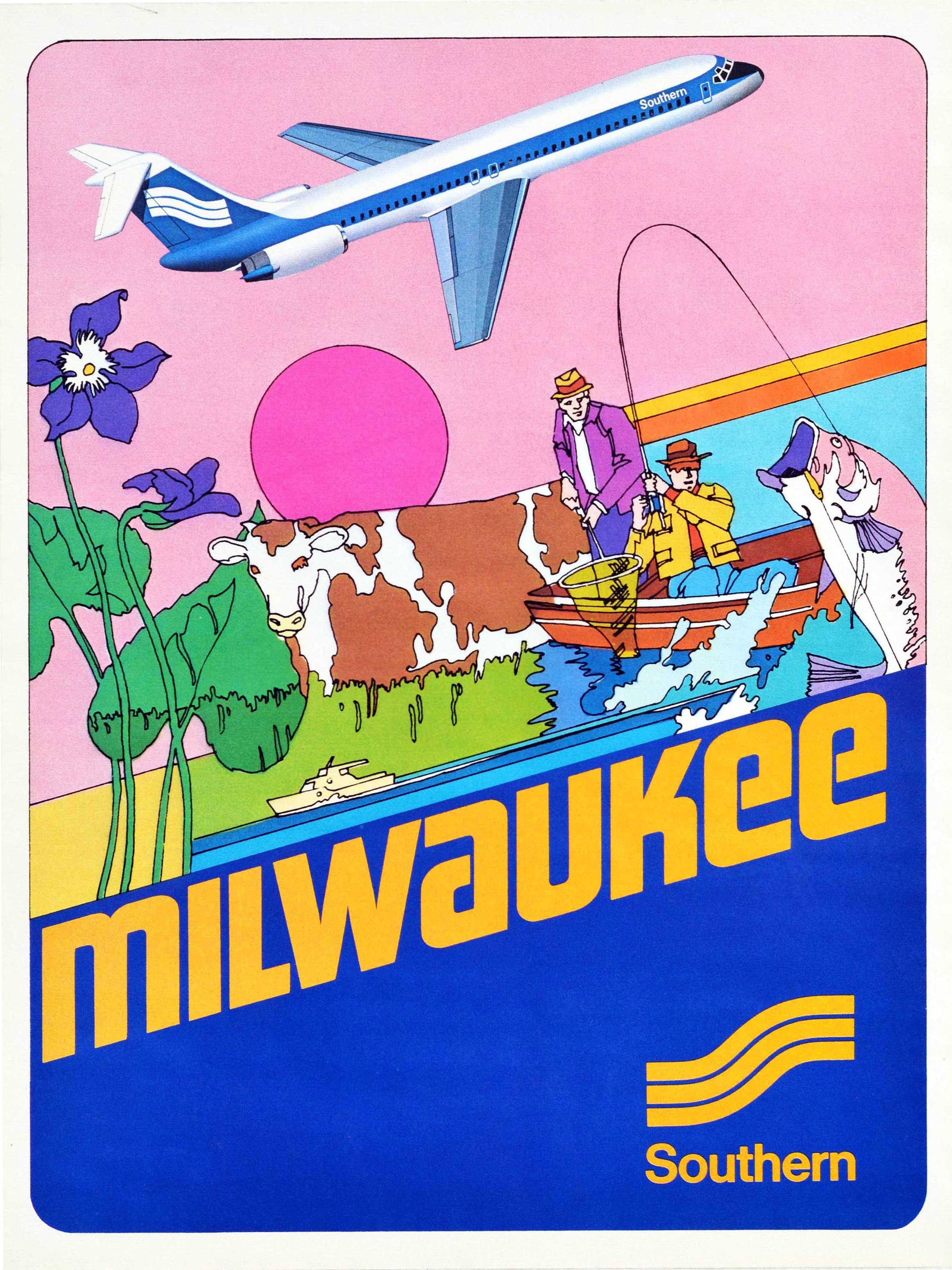 Unknown Print - Original Vintage Travel Poster Milwaukee Southern Airlines Plane Fishing Cow Art