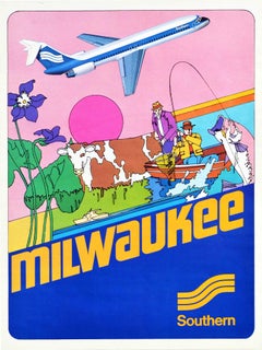 Original Vintage Travel Poster Milwaukee Southern Airlines Plane Fishing Cow Art