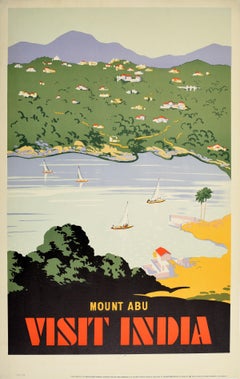 Affiche rétro originale de voyage, Mont d'Abuba, Visit India, Station navale, Voile