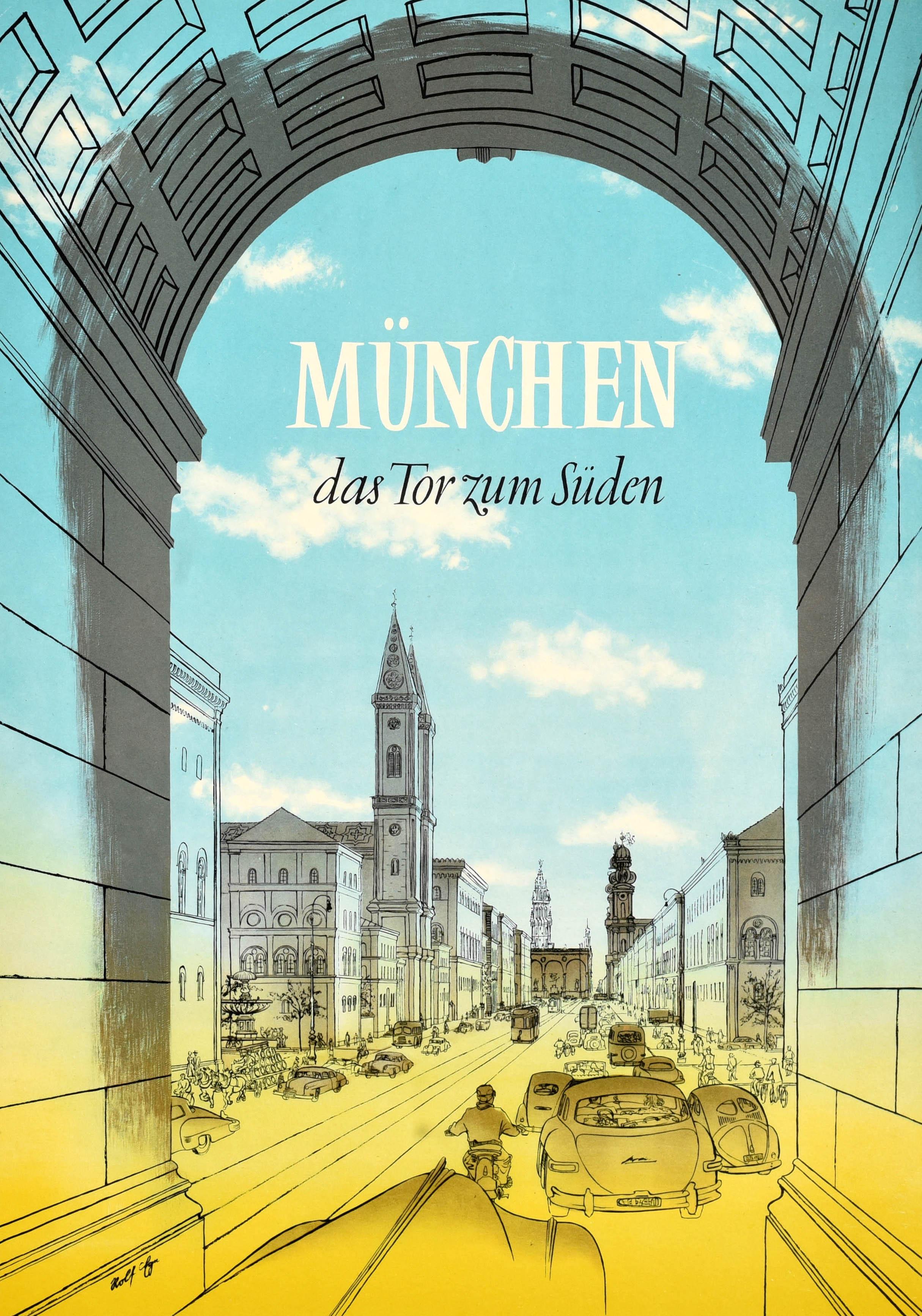Original Vintage Travel Poster Munich Gateway South Germany Victory Gate Munchen - Print by Unknown
