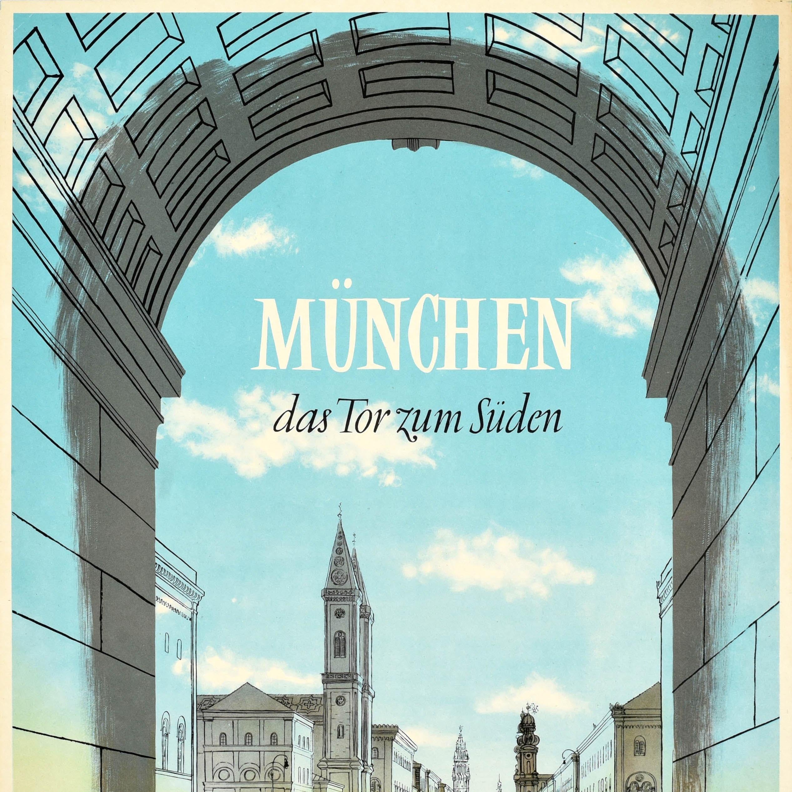 Original vintage Germany travel poster - Munchen Das Tor zum Suden / Munich The Gateway to the South - featuring a view of bikes and cars driving through a stone arch of the historic 1852 Siegestor / Victory Gate on Ludwigstrasse with people walking