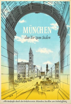 Affiche rétro originale de voyage Munich Gateway, Allemagne du Sud, Gate de la victoire, Munich