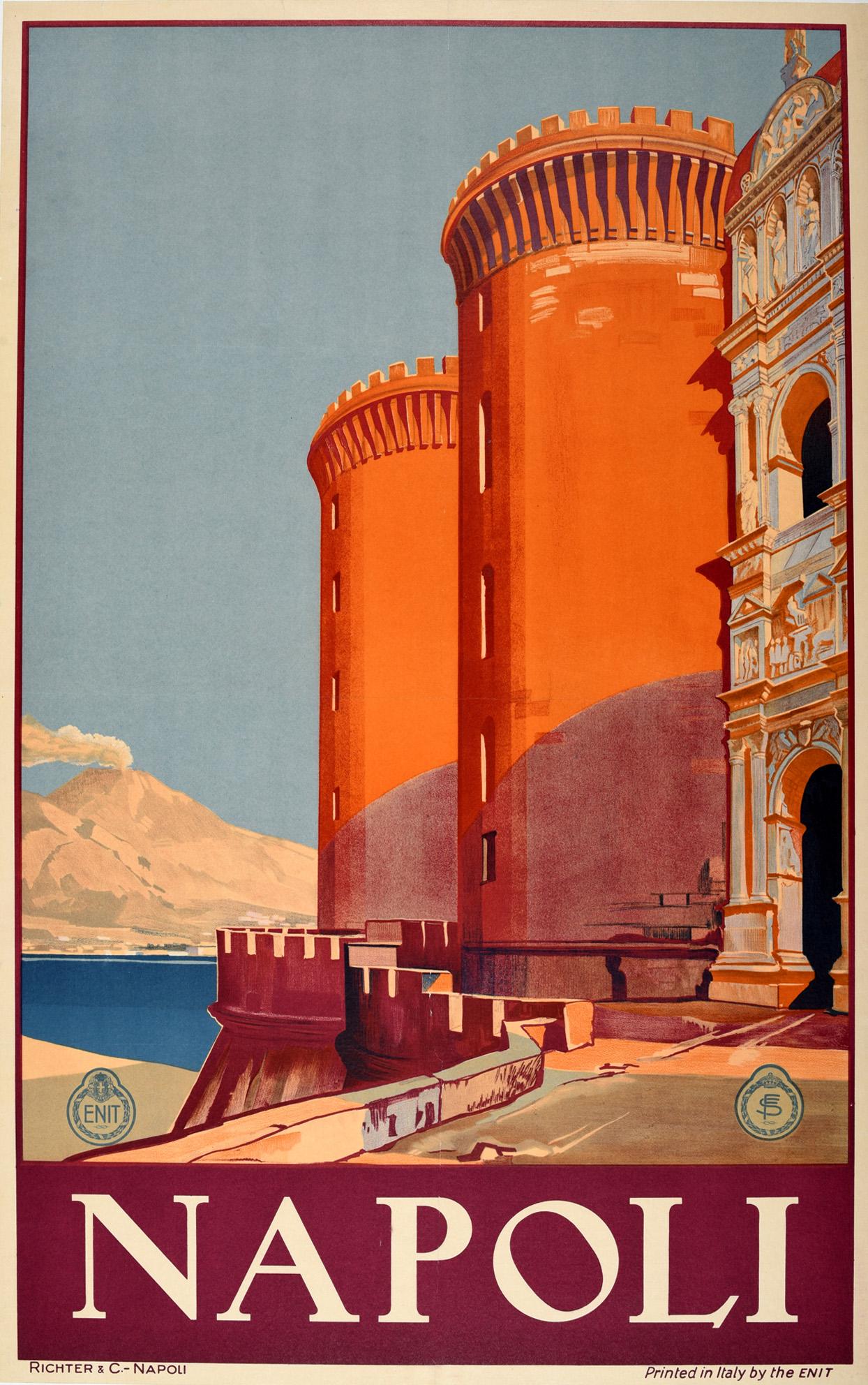 Unknown Print - Original Vintage Travel Poster Napoli Bay Of Naples Mount Vesuvius Castel Nuovo