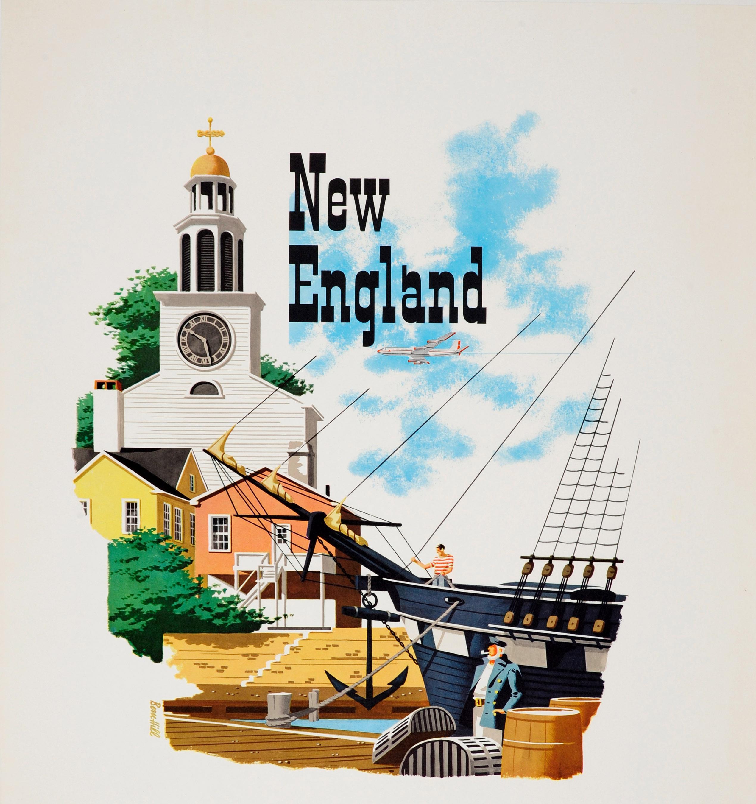 Poster da viaggio originale d'epoca New England American Airlines Midcentury Design - Print Beige di Unknown