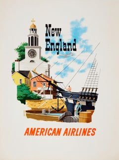 Poster da viaggio originale d'epoca New England American Airlines Midcentury Design