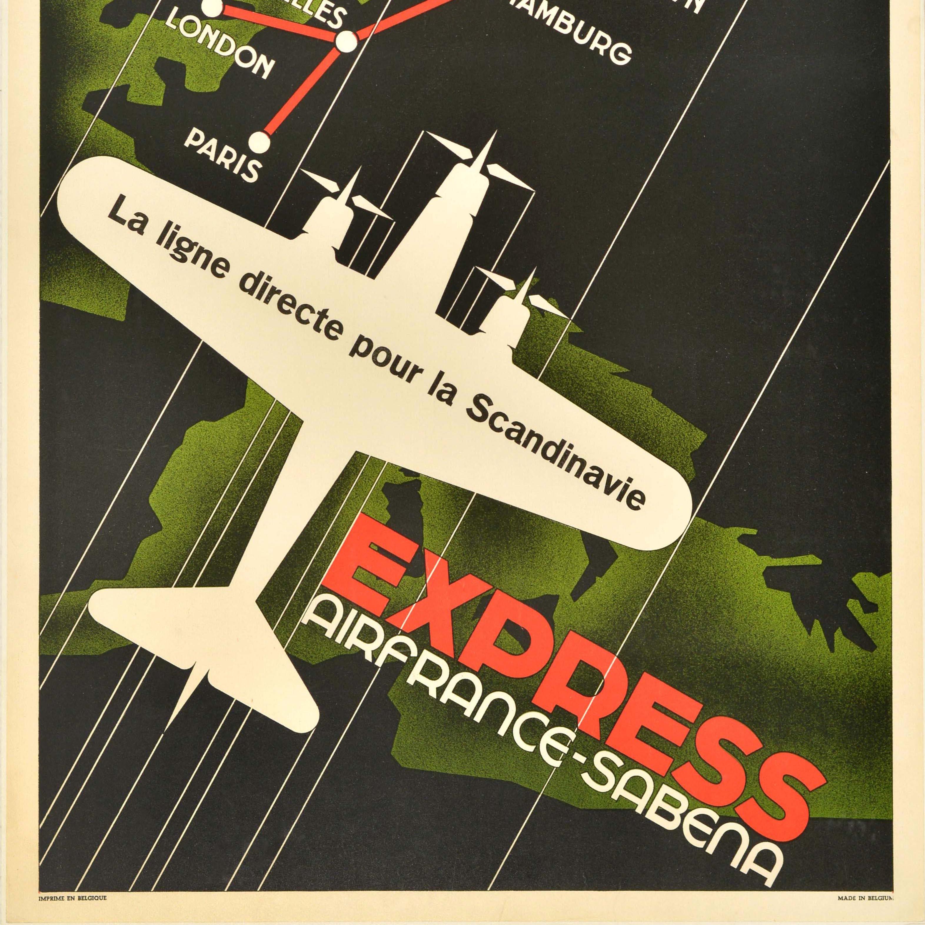 Original vintage travel advertising poster for Nord Air Express Air France Sabena featuring an Art Deco design showing a tri-engine propeller plane flying at speed over a map of Europe marking the route in red connecting Paris London Brussels
