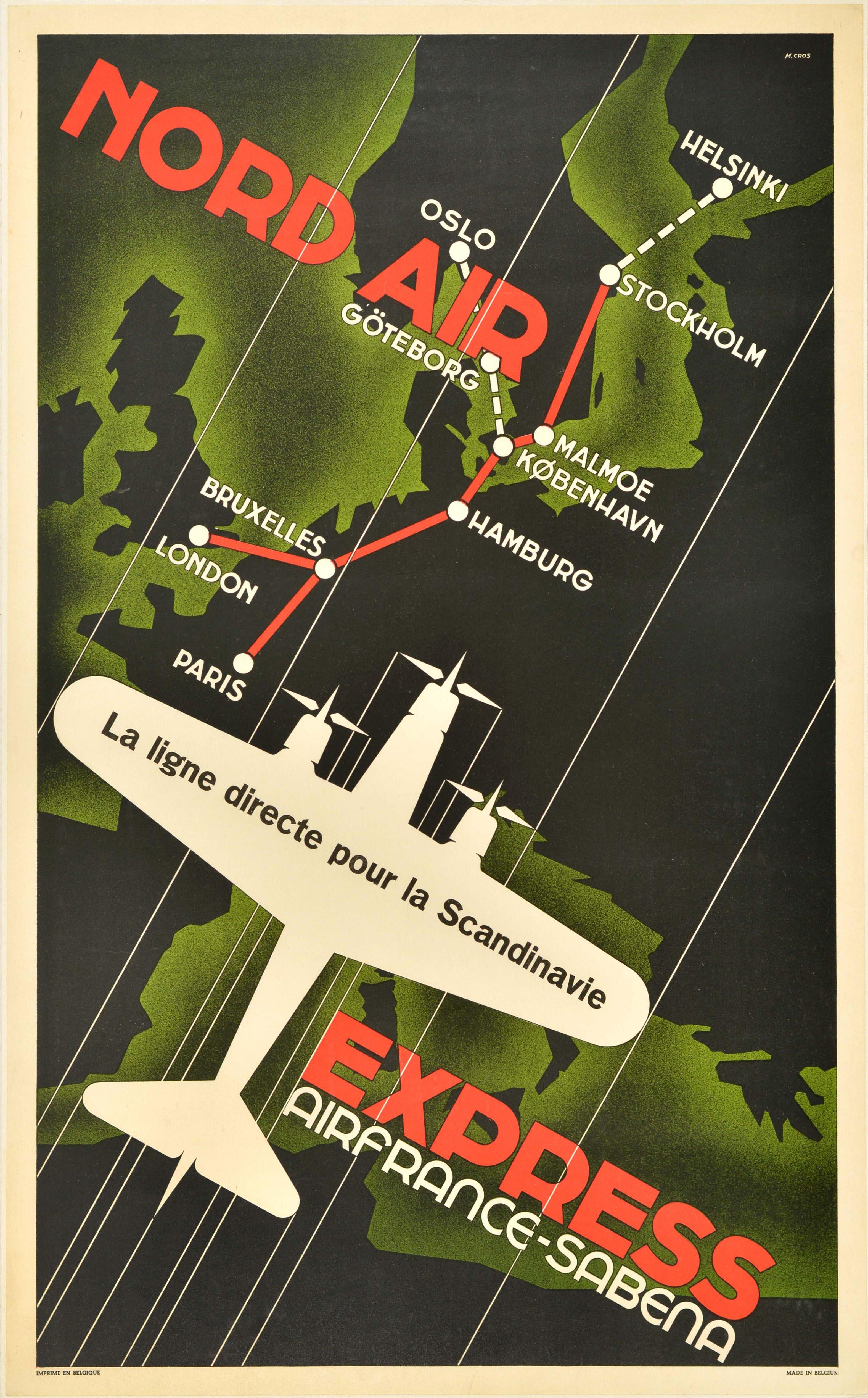 Unknown Print – Original-Vintage-Reiseplakat Nord Air Express Air France Sabena, Art déco, Art déco
