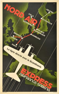 Original Vintage Travel Poster Nord Air Express Air France Sabena Art Deco