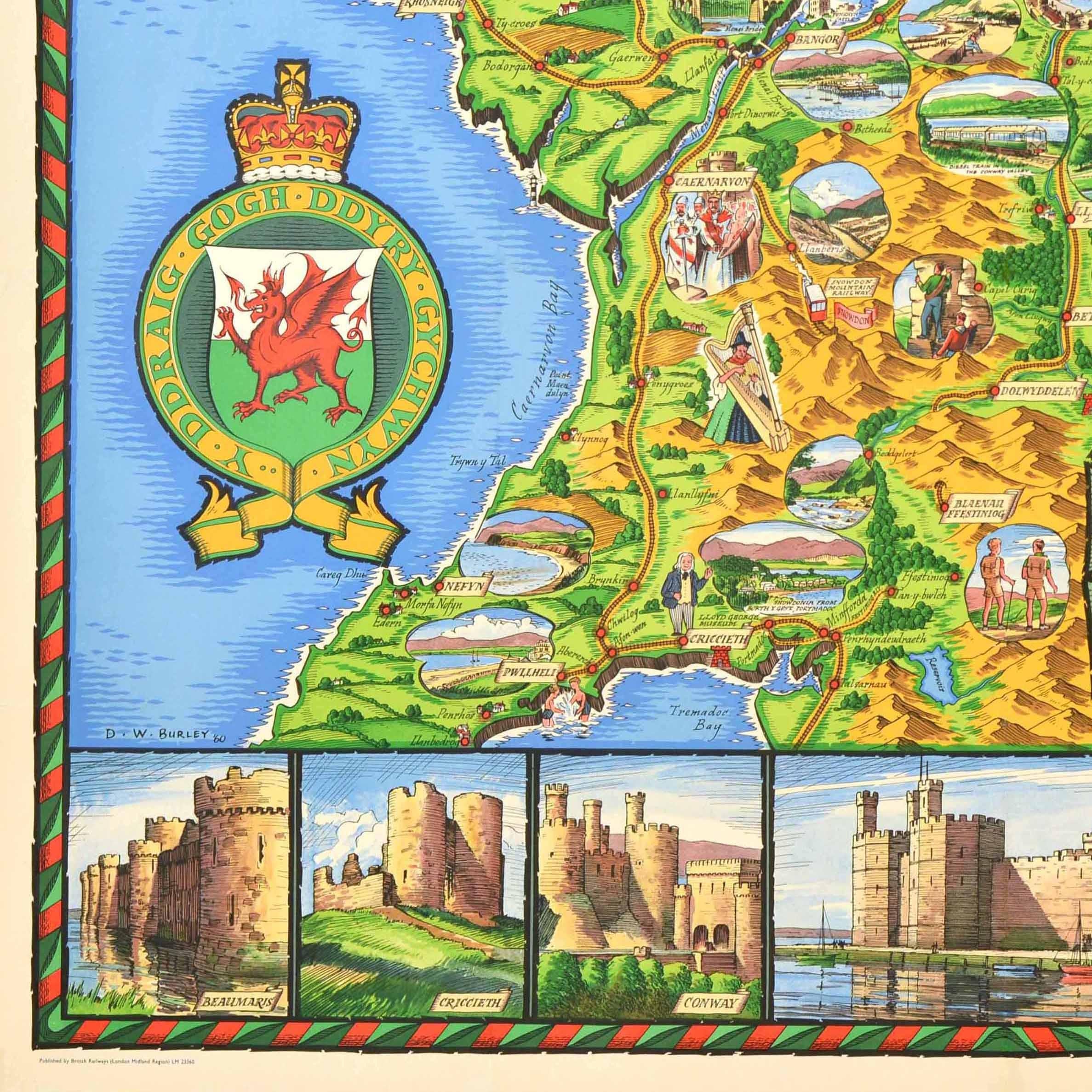 Original Vintage Travel Poster North Wales Map British Railways DW Burley For Sale 1