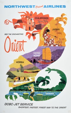 Original Retro Travel Poster Northwest Orient Airlines DC8C Jet Dragon Design