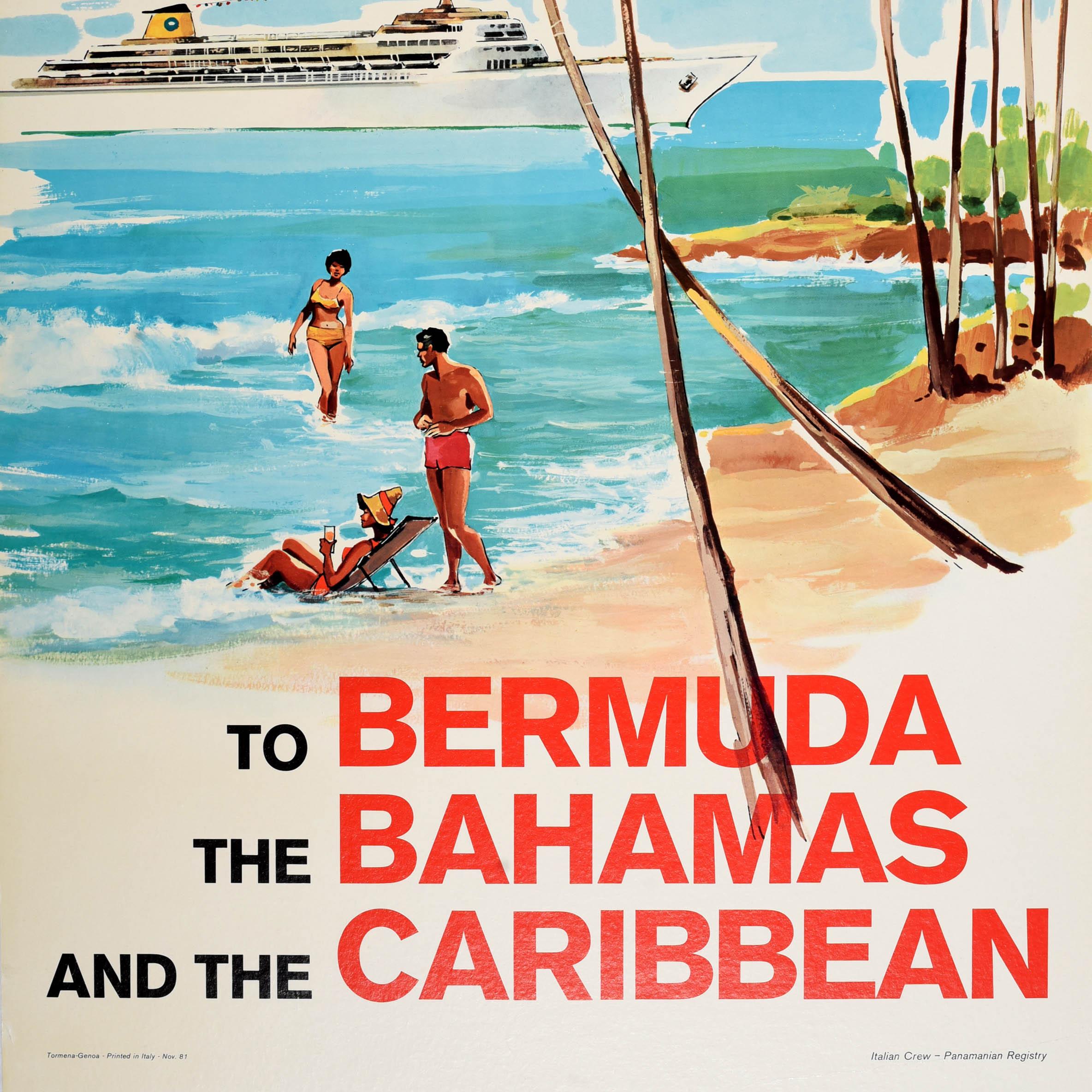 Original vintage travel poster - Home Lines Cruise with S.S. Oceanic to the Bahamas Bermuda and the Caribbean - featuring a great image depicting passengers from a cruise holiday relaxing on a sandy beach below palm trees with a lady in a sun hat