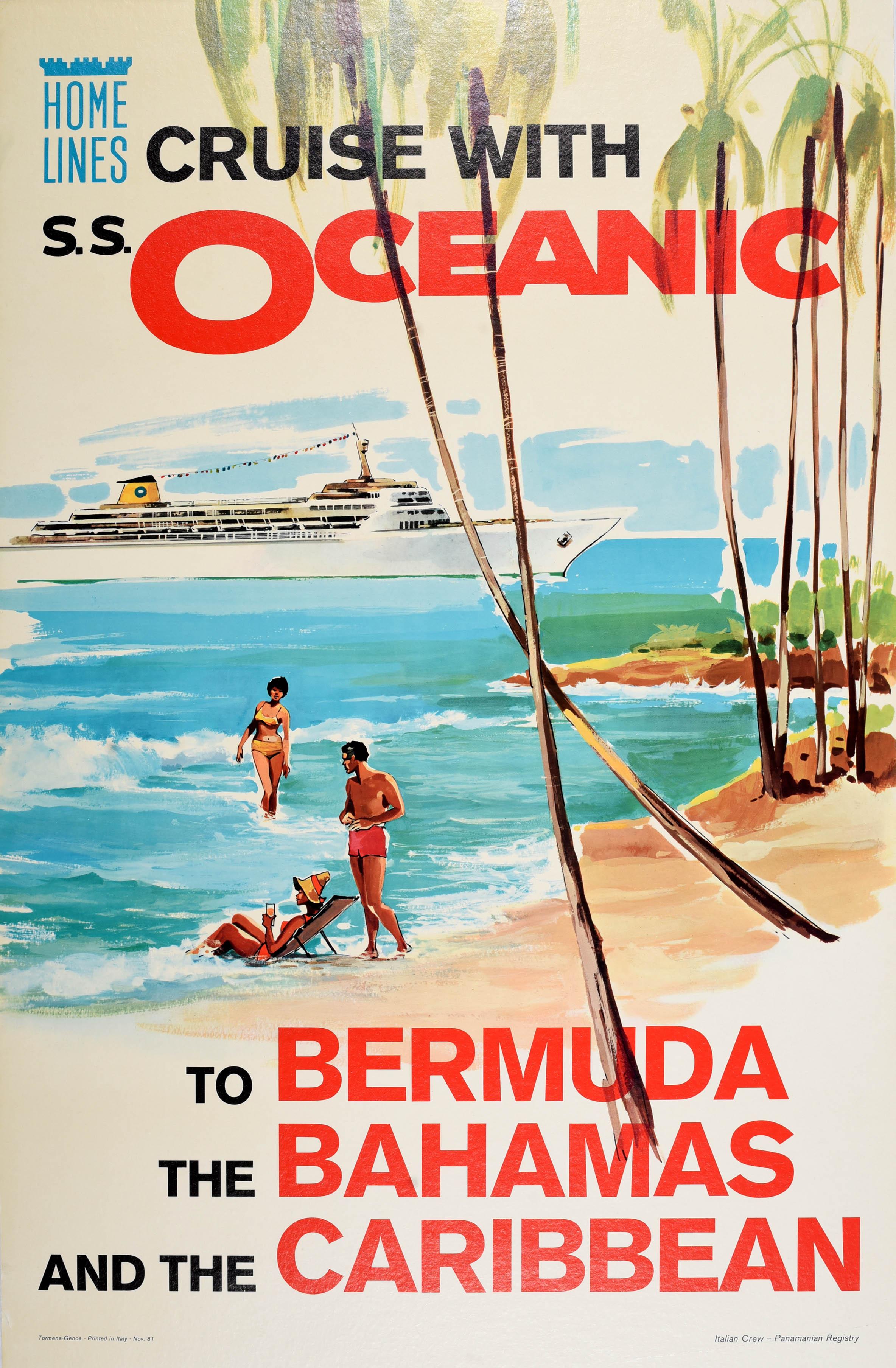 Unknown Print - Original Vintage Travel Poster Oceanic Cruise Bermuda Bahamas Caribbean Beach