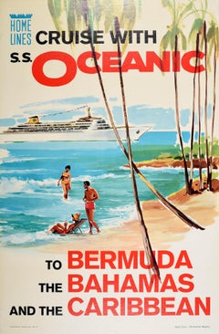 Original Vintage Travel Poster Oceanic Cruise Bermuda Bahamas Caribbean Beach
