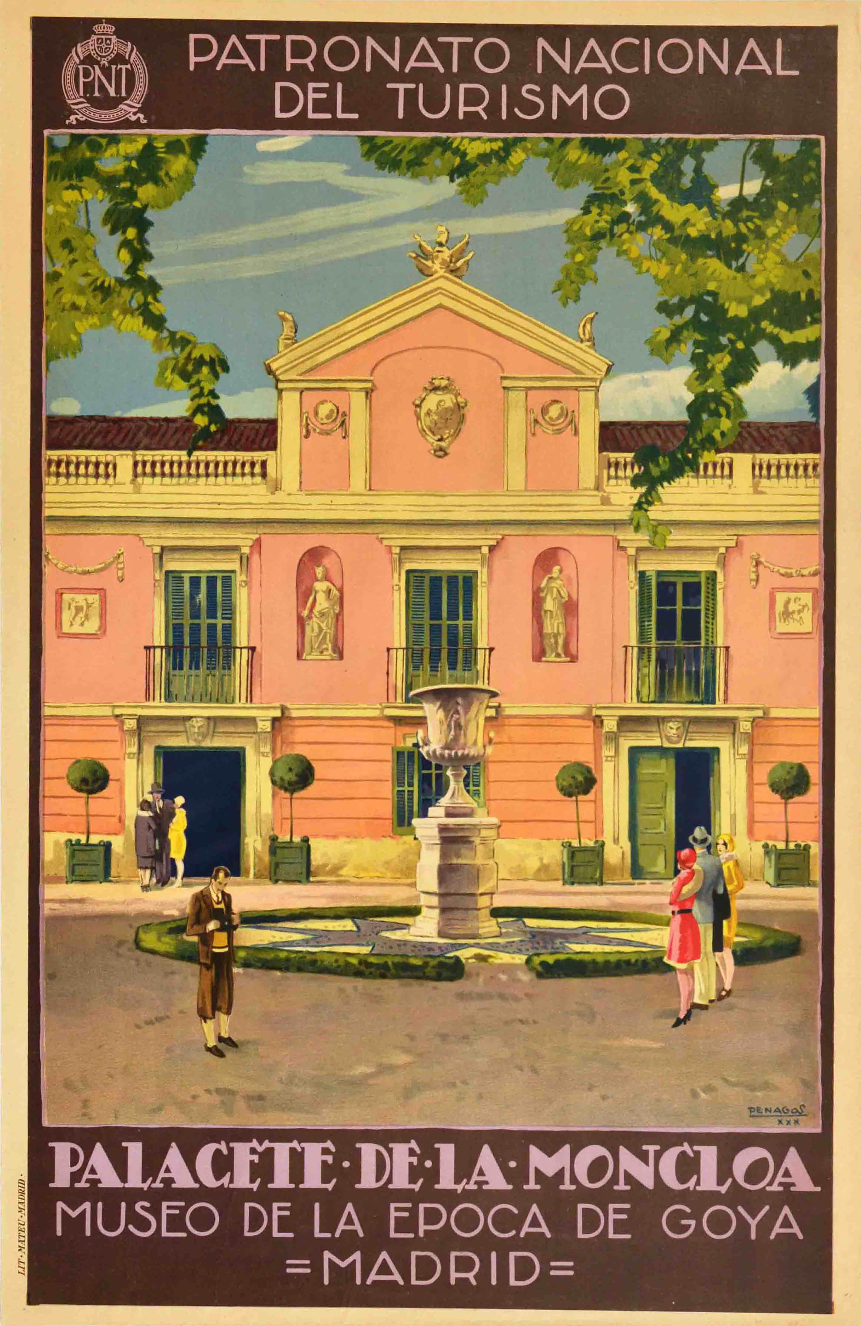 Print Unknown - Affiche de voyage vintage d'origine Palacete De La Moncloa Palace PNT, Madrid, Espagne