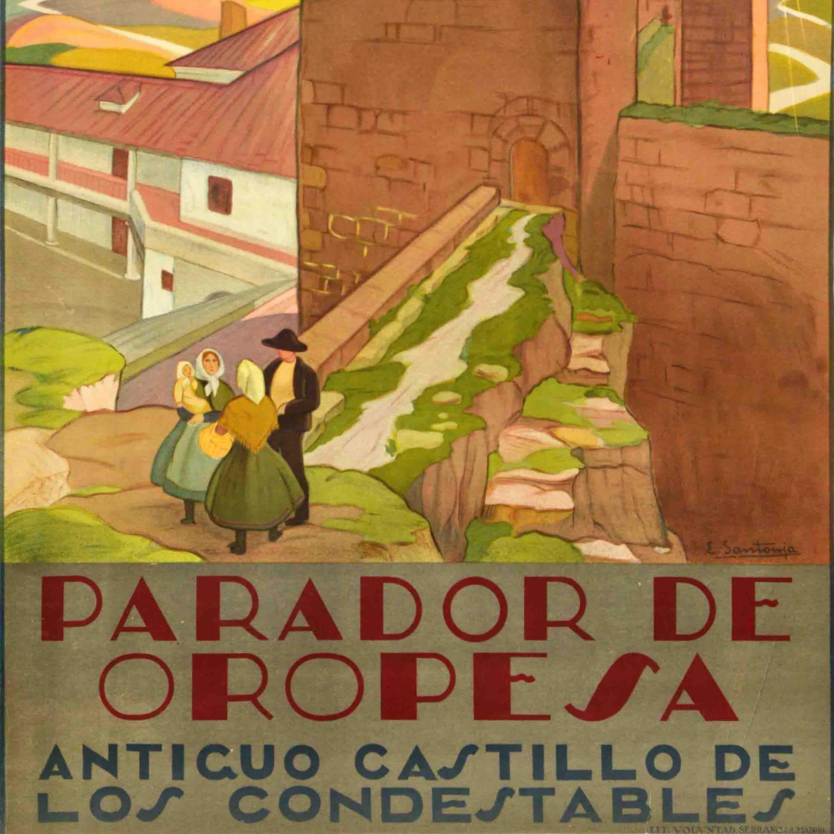 Ursprüngliches Vintage-Reiseplakat, das vom spanischen Fremdenverkehrsamt Patronato Nacional del Turismo PNT für die historische Steinburg von Oropesa in Toledo Spanien herausgegeben wurde. Es zeigt eine Gruppe von Menschen in traditioneller