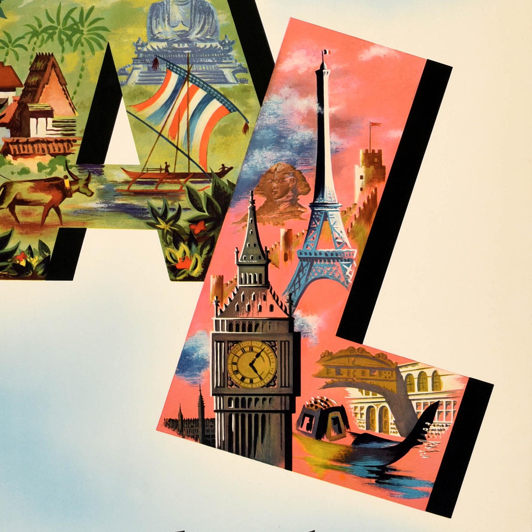 Original Vintage Travel Poster - USA The Orient Europe by DC-6 sleeper PAL Philippine Airlines Speed Comfort Dependability - mit einem großen Design, das ein Passagierflugzeug zeigt, das über die fettgedruckten Initialen fliegt, die Szenen