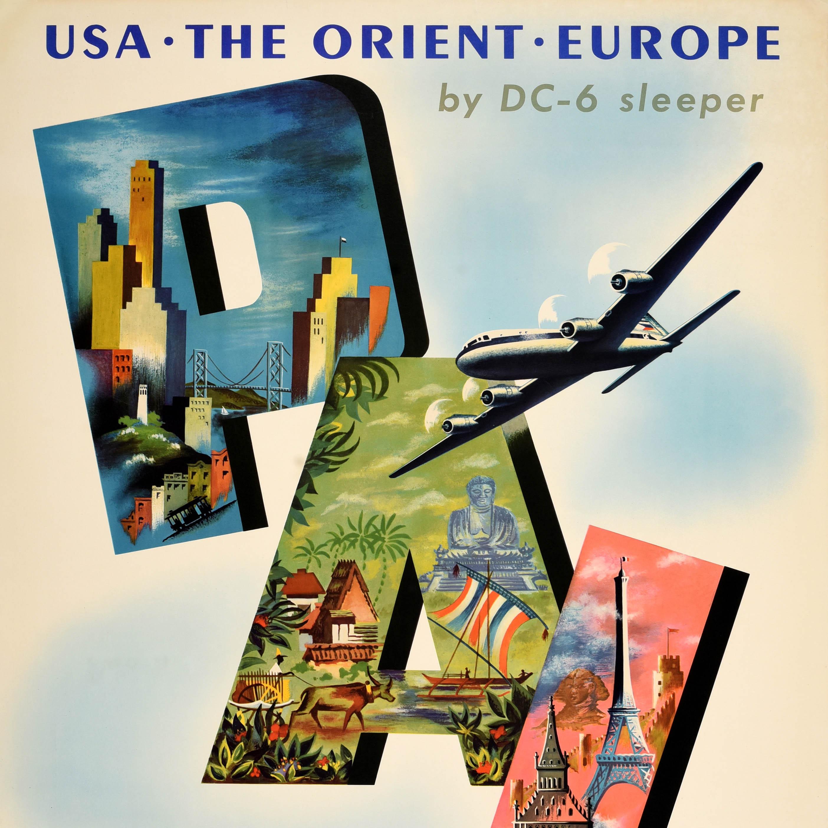 Original vintage travel poster - USA The Orient Europe by DC-6 sleeper PAL Philippine Airlines Speed Comfort Dependability - featuring a great design depicting a passenger plane flying over the bold initials depicting scenes representing the listed