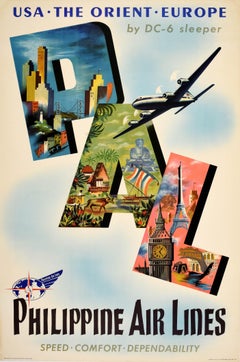 Affiche de voyage originale Philippine Airlines PAL USA The Orient Europe