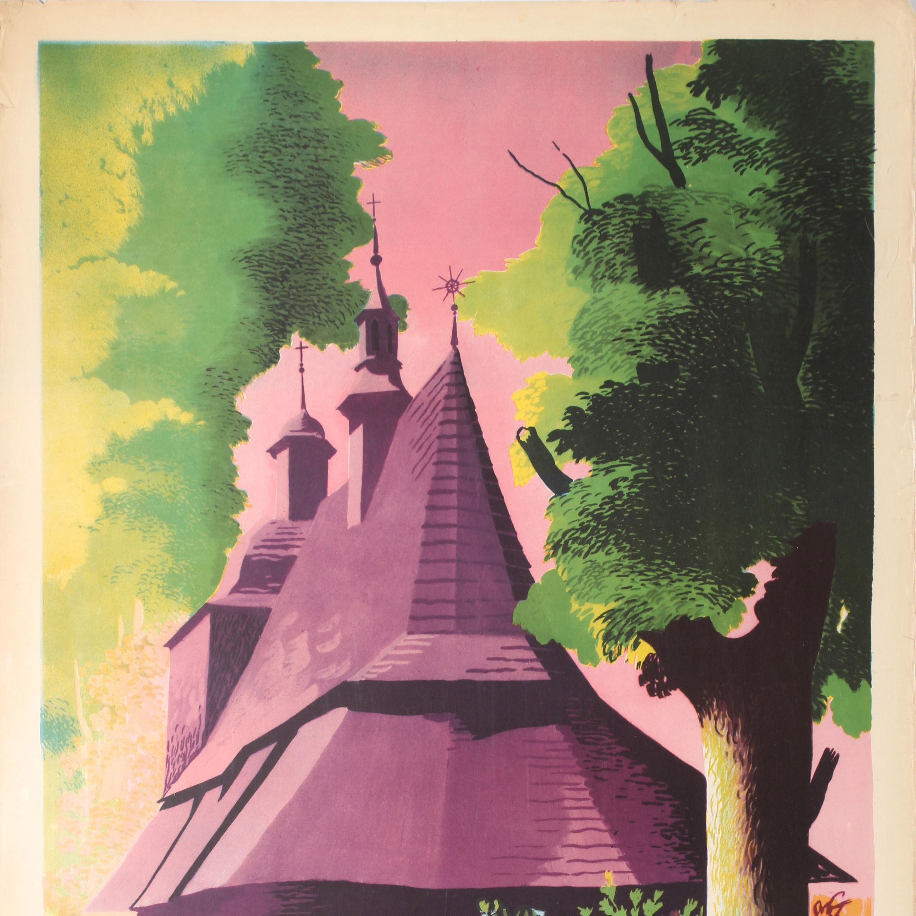 Original vintage travel poster - Visit Poland / Visitez la Pologne l'Eglise en Boise a Sekowa 1540 - featuring an illustration in pink and purple of the historic Gothic wooden church of St Philip and St James with its unique architecture of a steep