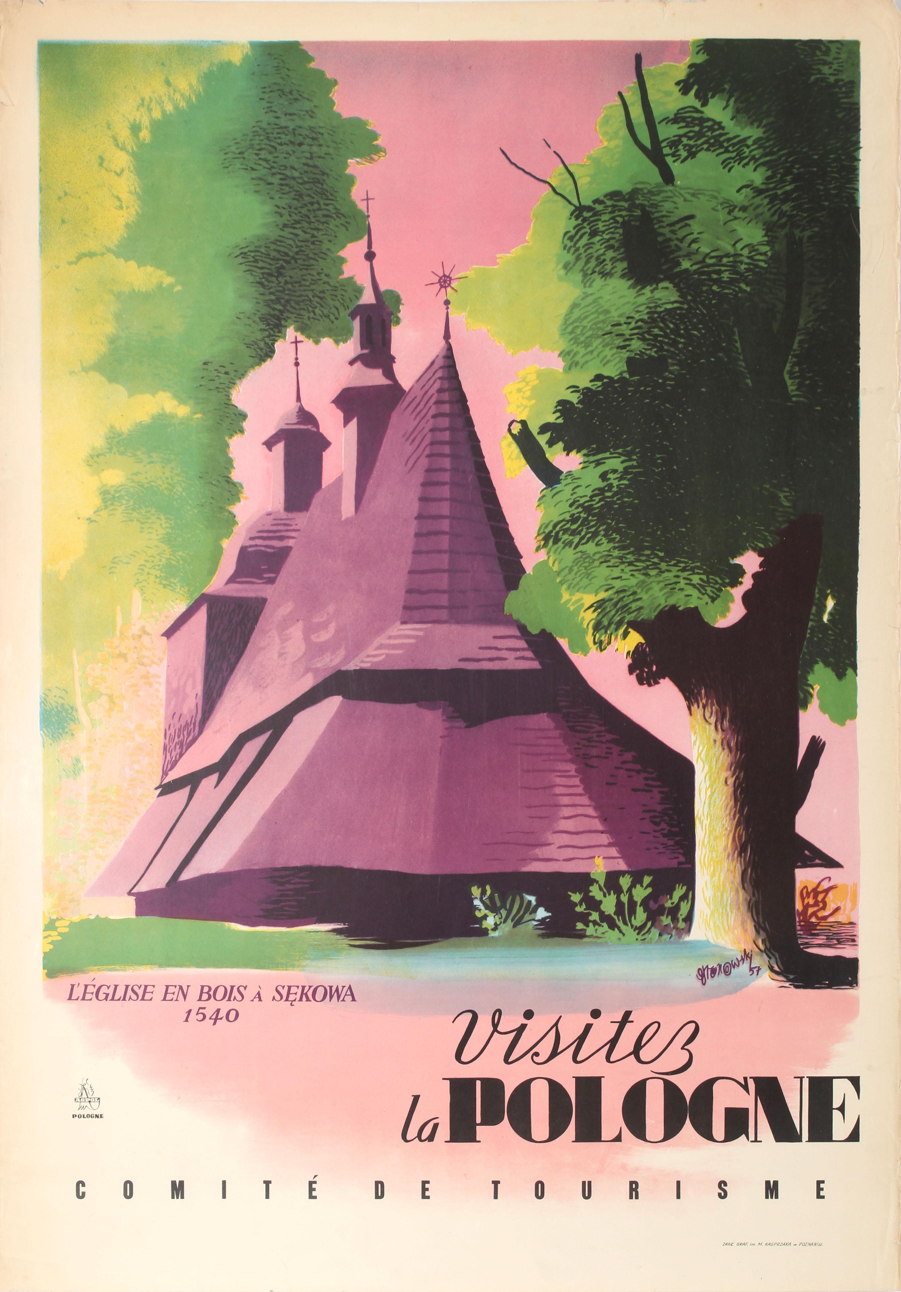 Unknown Print - Original Vintage Travel Poster Poland Sekowa Gothic Wooden Catholic Church
