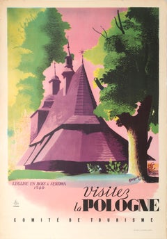 Original Vintage Travel Poster Poland Sekowa Gothic Wooden Catholic Church