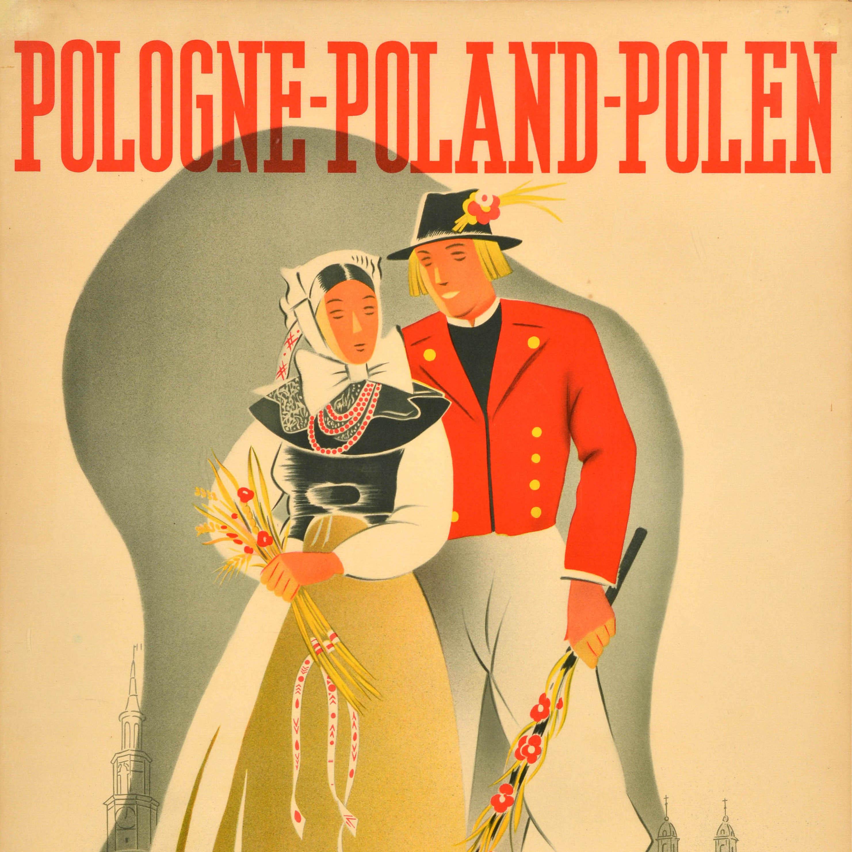 Original vintage travel poster for Pologne Poland Polen Visitez Visit Besuchet Poznan et ses Environs and Environs und Umgebung featuring a couple in traditional clothing holding flowers and wheat with an outline of the city's historical buildings