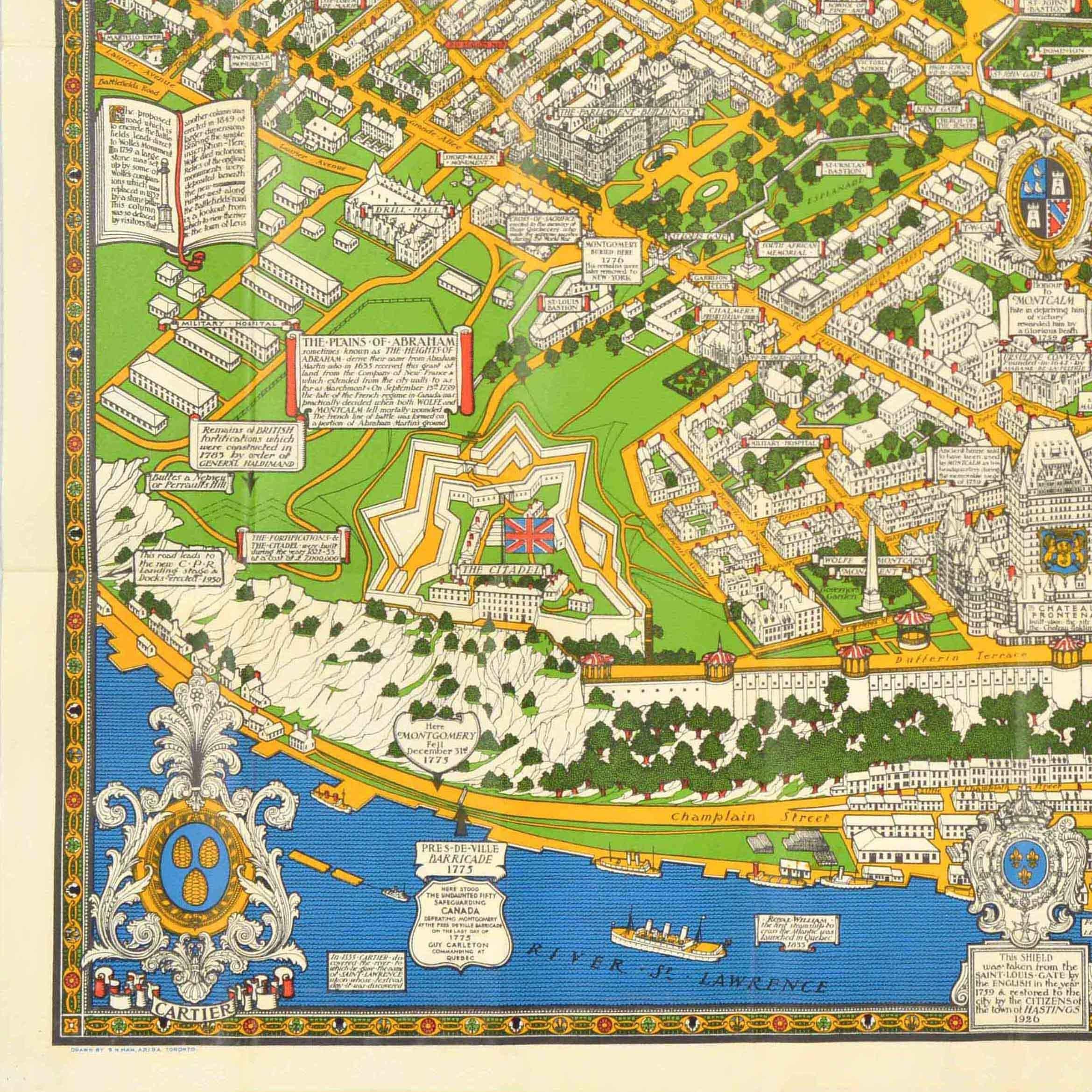 Original vintage travel map poster for The City of Quebec with historical notes drawn by S.H. Maw Toronto (Samuel Herbert Maw; 1881-1952) featuring a colourful pictorial map illustrated with coats of arms and historical buildings showing the streets