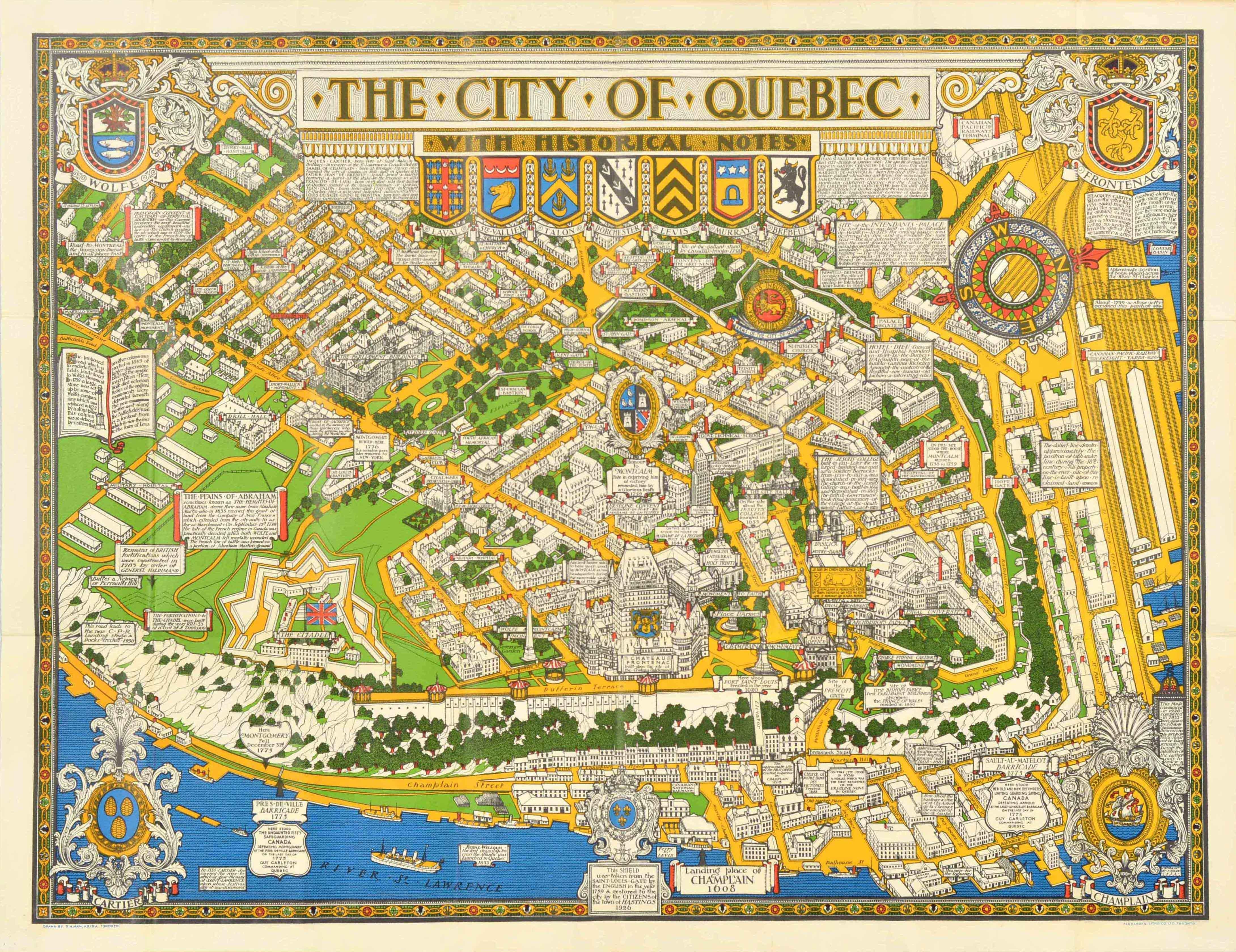 Unknown Print - Original Vintage Travel Poster Quebec Map With Historical Notes Canada Pictorial