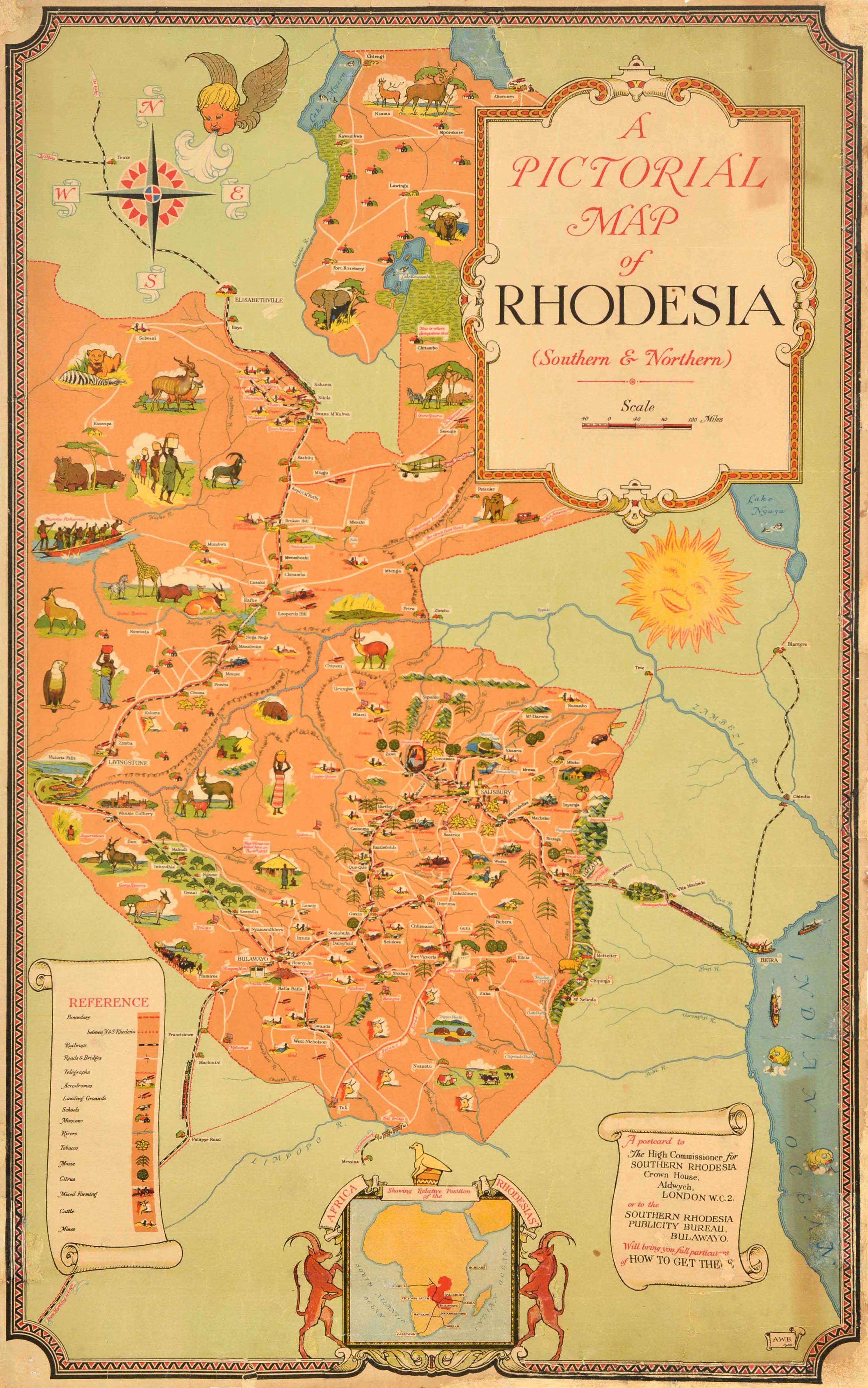 Unknown Print – Original-Vintage-Reiseplakat Rhodesia, Bildkarte Südafrika Simbabwe