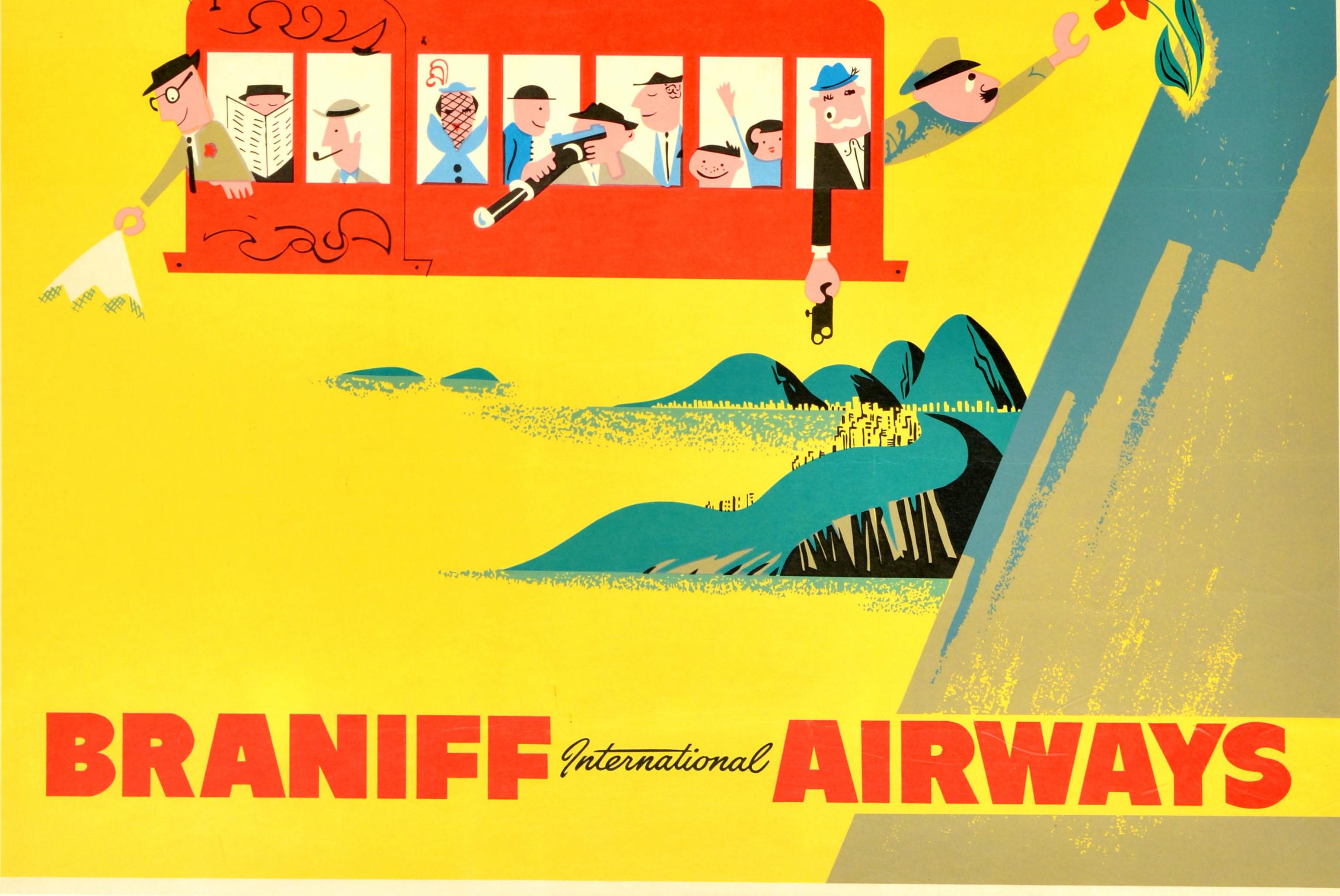 Affiche rétro originale de voyage, Rio, Brésil, Amérique du Sud, Sugarloaf Cable Car Braniff - Jaune Print par Unknown