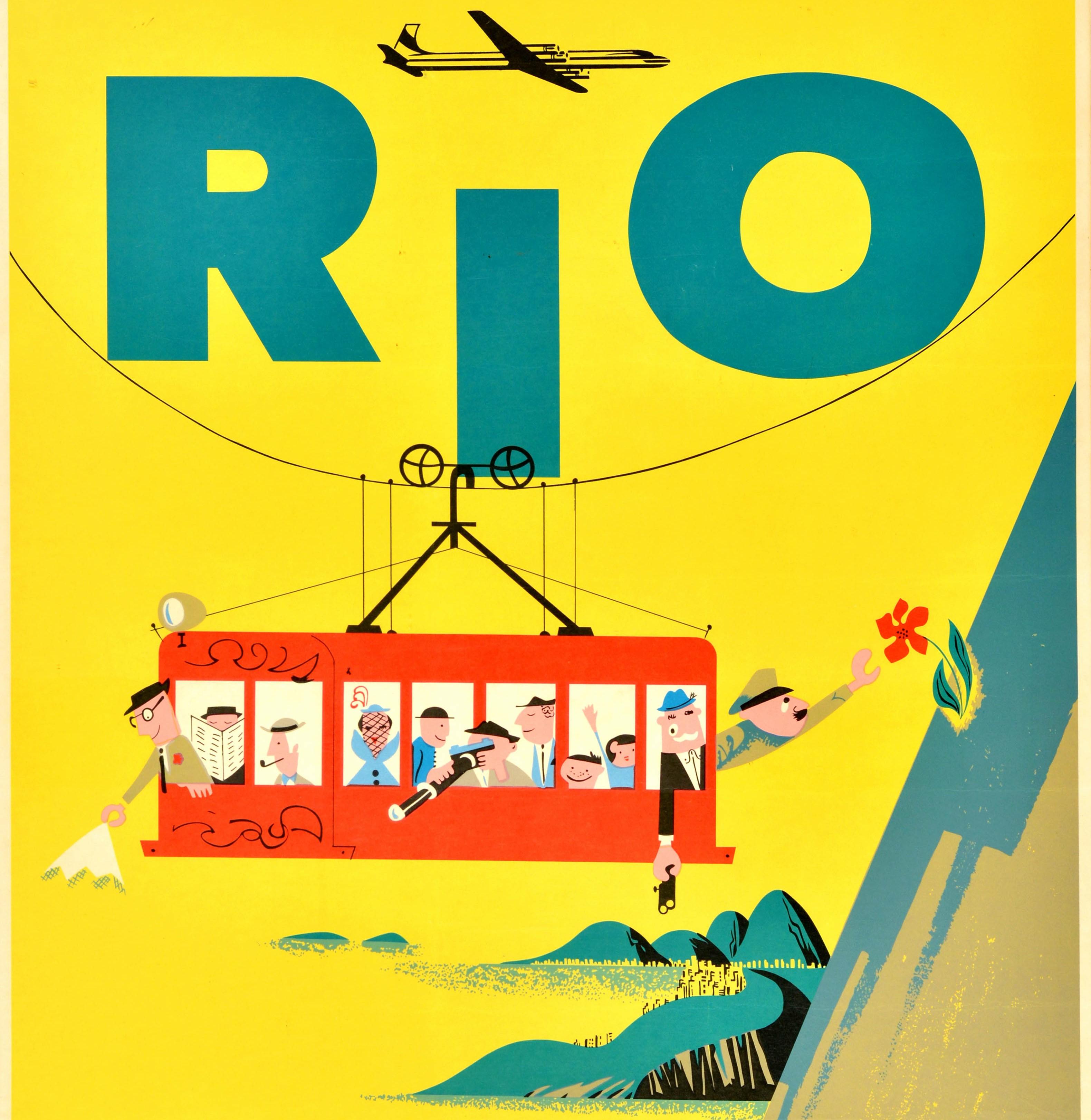 Affiche de voyage originale d'époque pour Rio de Janeiro, émise par Braniff International Airways, présentant une illustration colorée de touristes sur un téléphérique rouge avec des personnes profitant de la vue, un homme fumant une pipe et un