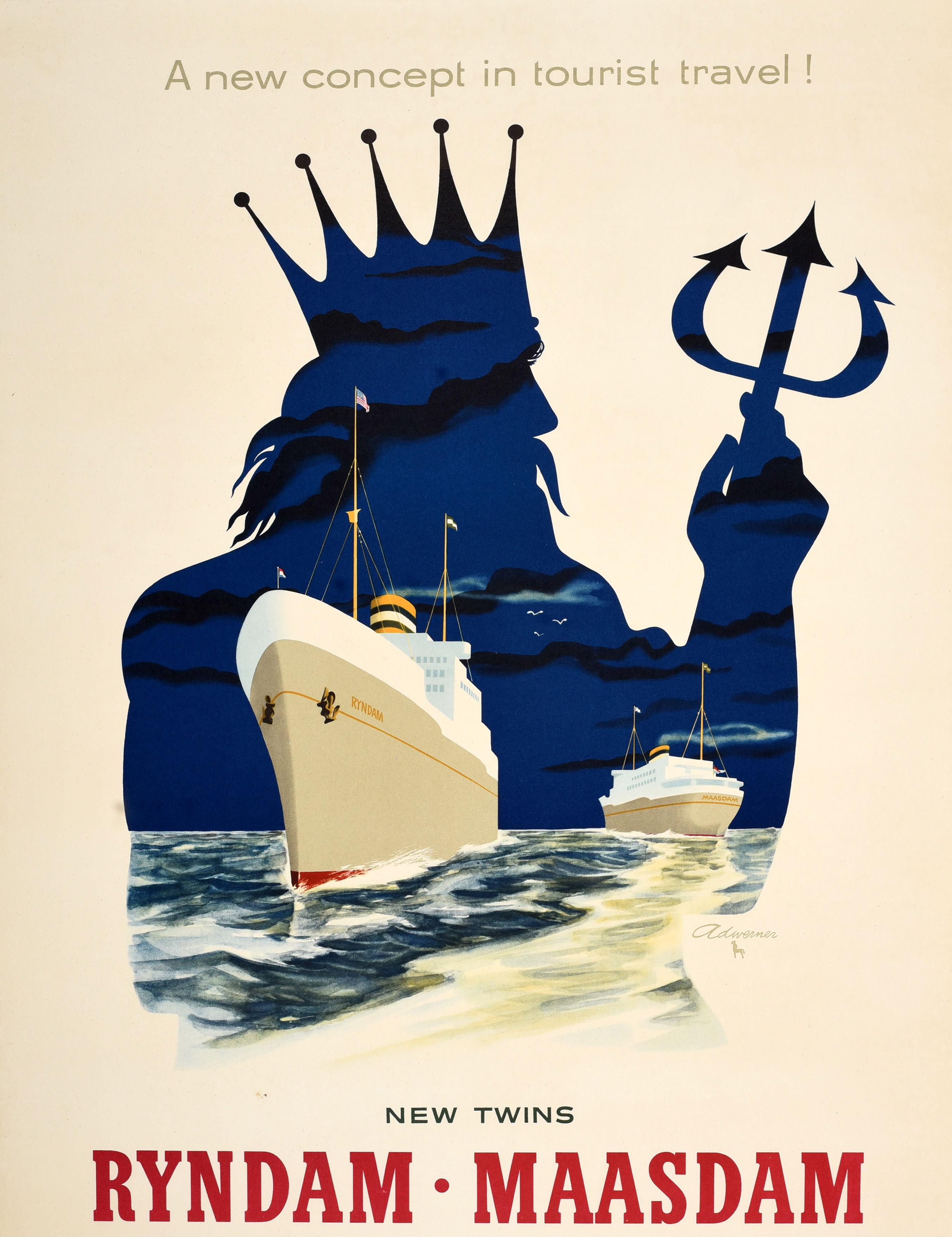 Original Vintage-Reiseplakat Ryndam Maasdam, Holland America Line, Poseidon, Kunst, Vintage (Weiß), Print, von Unknown