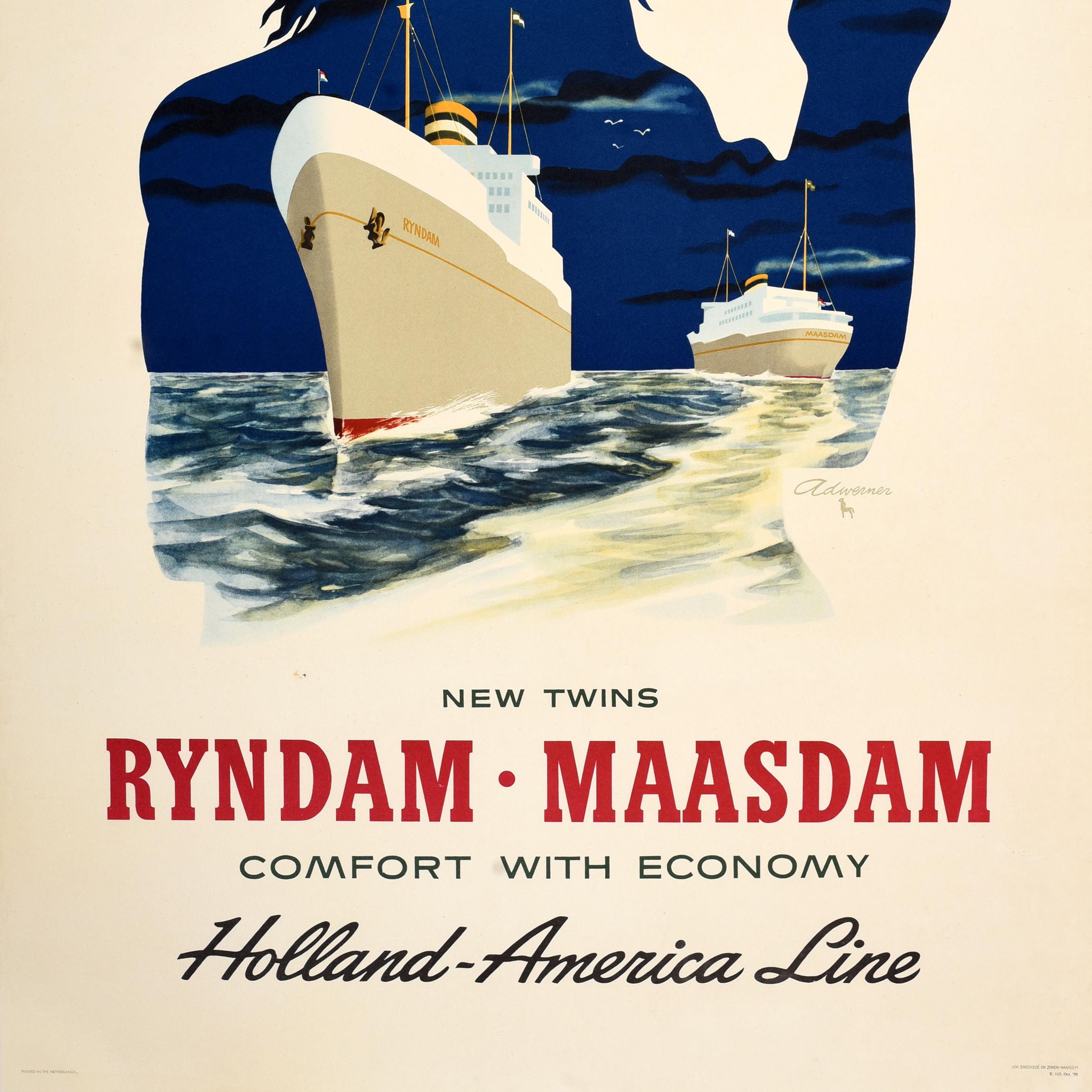 Original vintage cruise travel poster - A New Concept in Tourist Travel New Twins Ryndam Maasdam Comfort with Economy Holland-America Line - featuring a great design by the Dutch graphic designer Ad Werner (Adrianus Gerardus Werner; 1925-2017) of