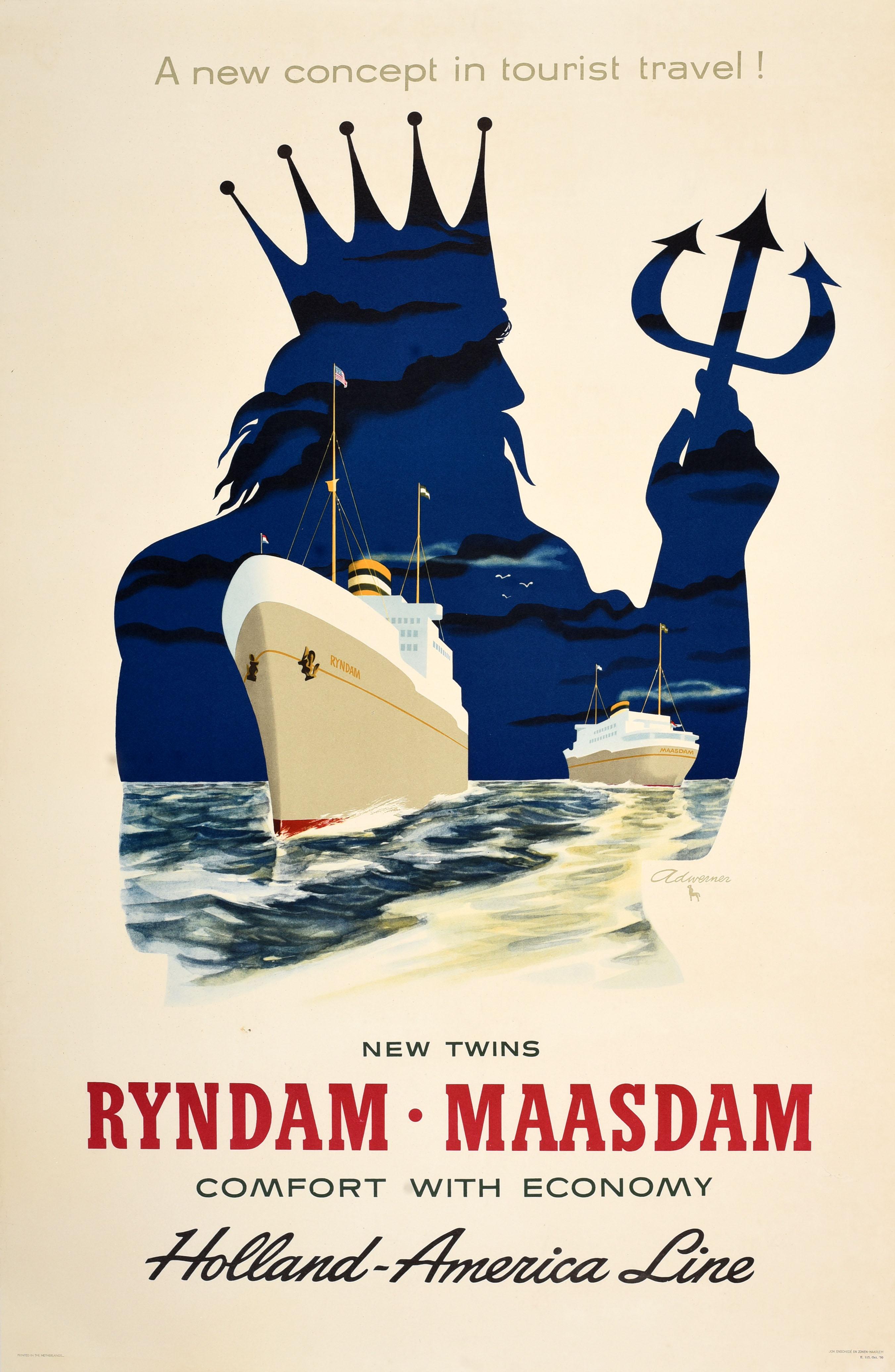 Unknown Print – Original Vintage-Reiseplakat Ryndam Maasdam, Holland America Line, Poseidon, Kunst, Vintage