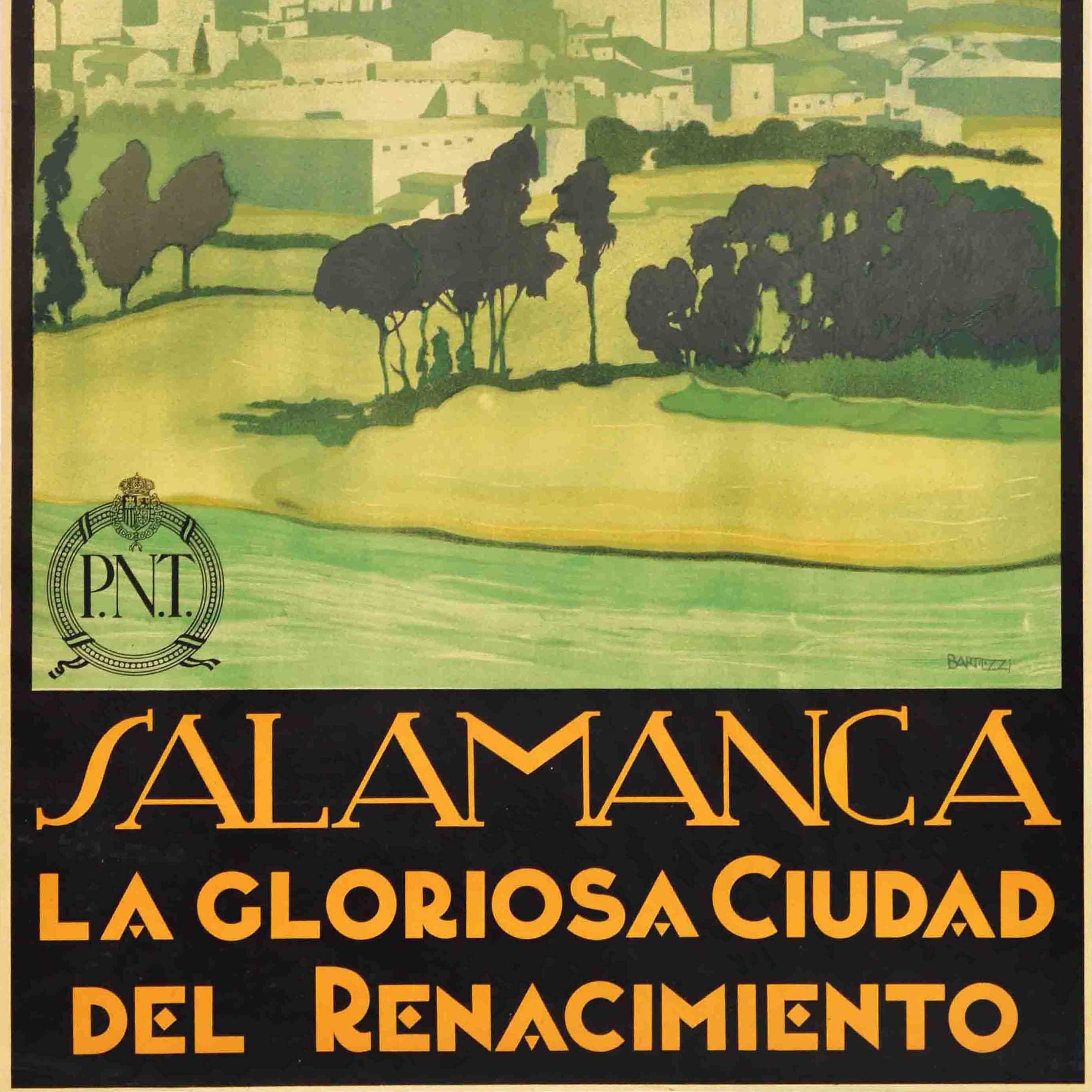 Poster di viaggio originale d'epoca emesso dall'ente turistico nazionale spagnolo Patronato Nacional del Turismo PNT per Salamanca la Gloriosa Ciudad del Renacimiento / Salamanca la Gloriosa Ciudad del Renacimiento con una splendida veduta delle