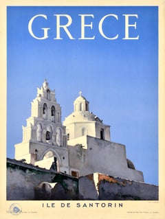 Original Vintage Travel Poster Santorini Greece Aegean Sea Dormition Church Fira