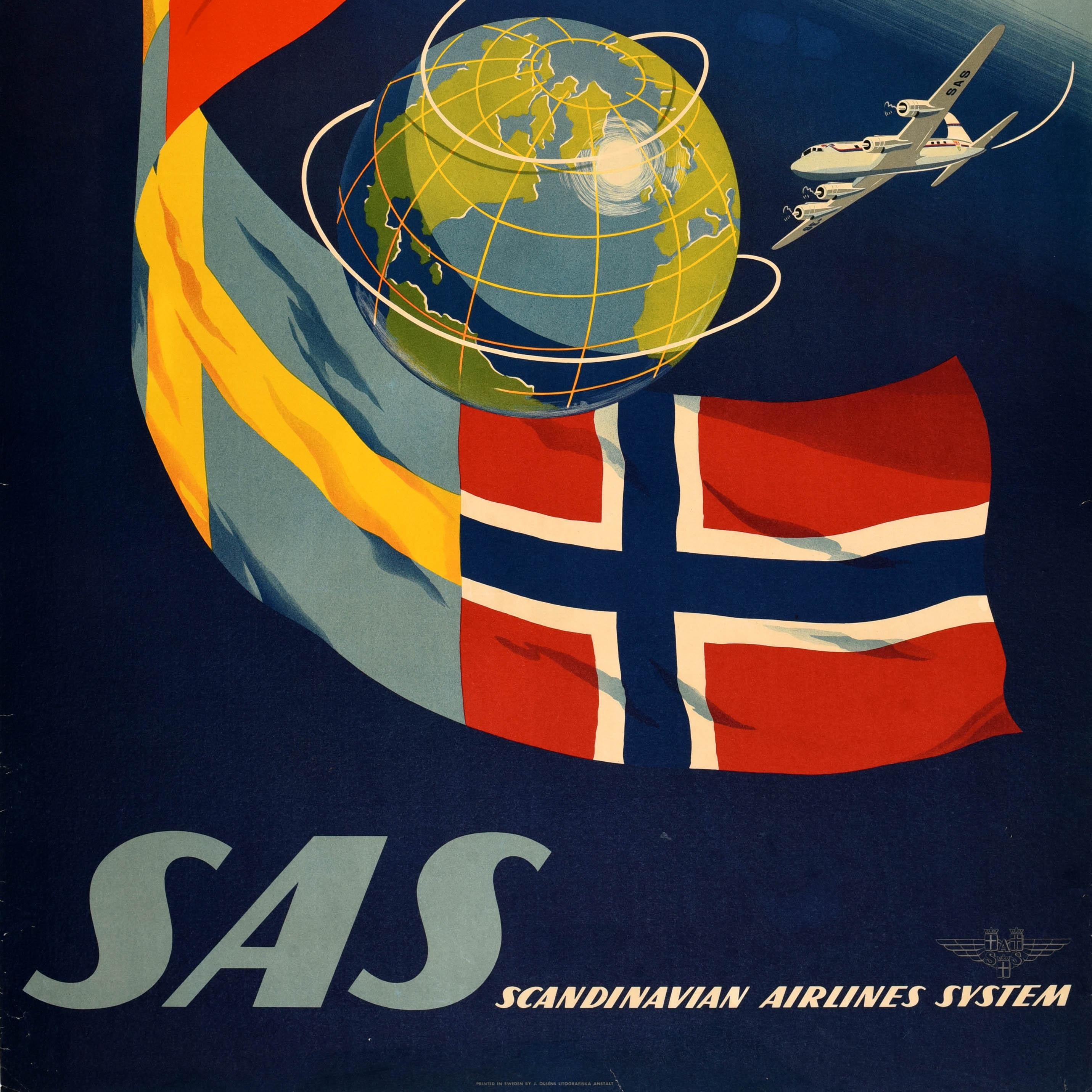 Original vintage travel advertising poster for SAS Scandinavian Airlines System featuring a colourful design depicting a plane flying around the globe with the flags of Sweden, Norway and Denmark flying against the blue and white shaded background,