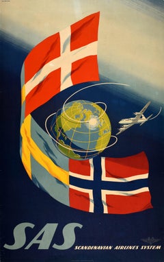 Original-Vintage-Reiseplakat SAS Scandinavian Airlines System Olle Svensson, SAS