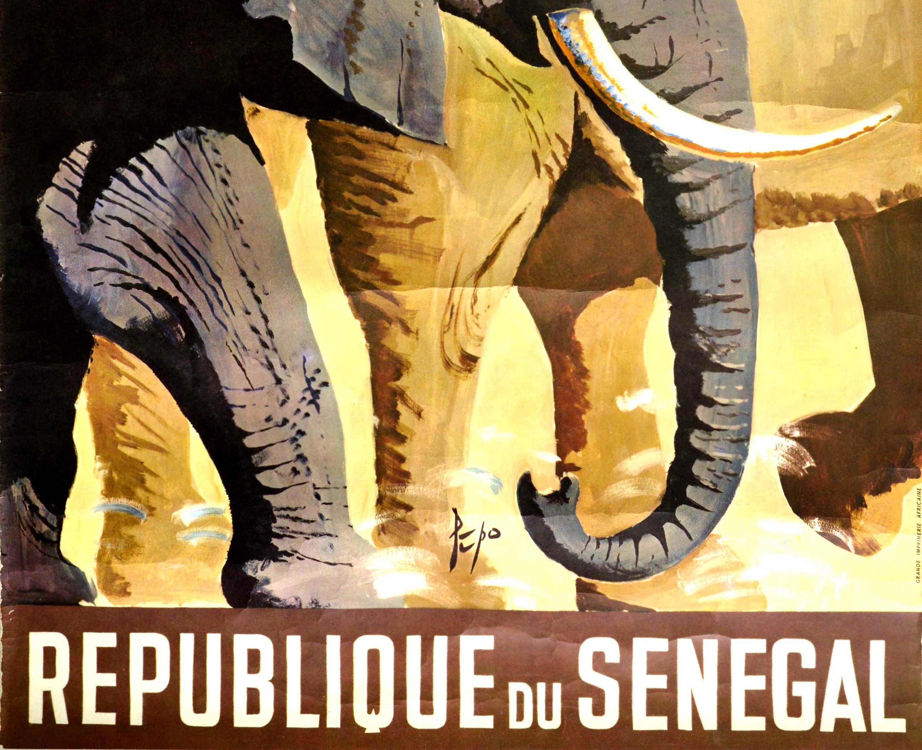 Original Vintage Travel Poster Senegal Parc National Du Niokolo Koba Elephant - Brown Print by Unknown