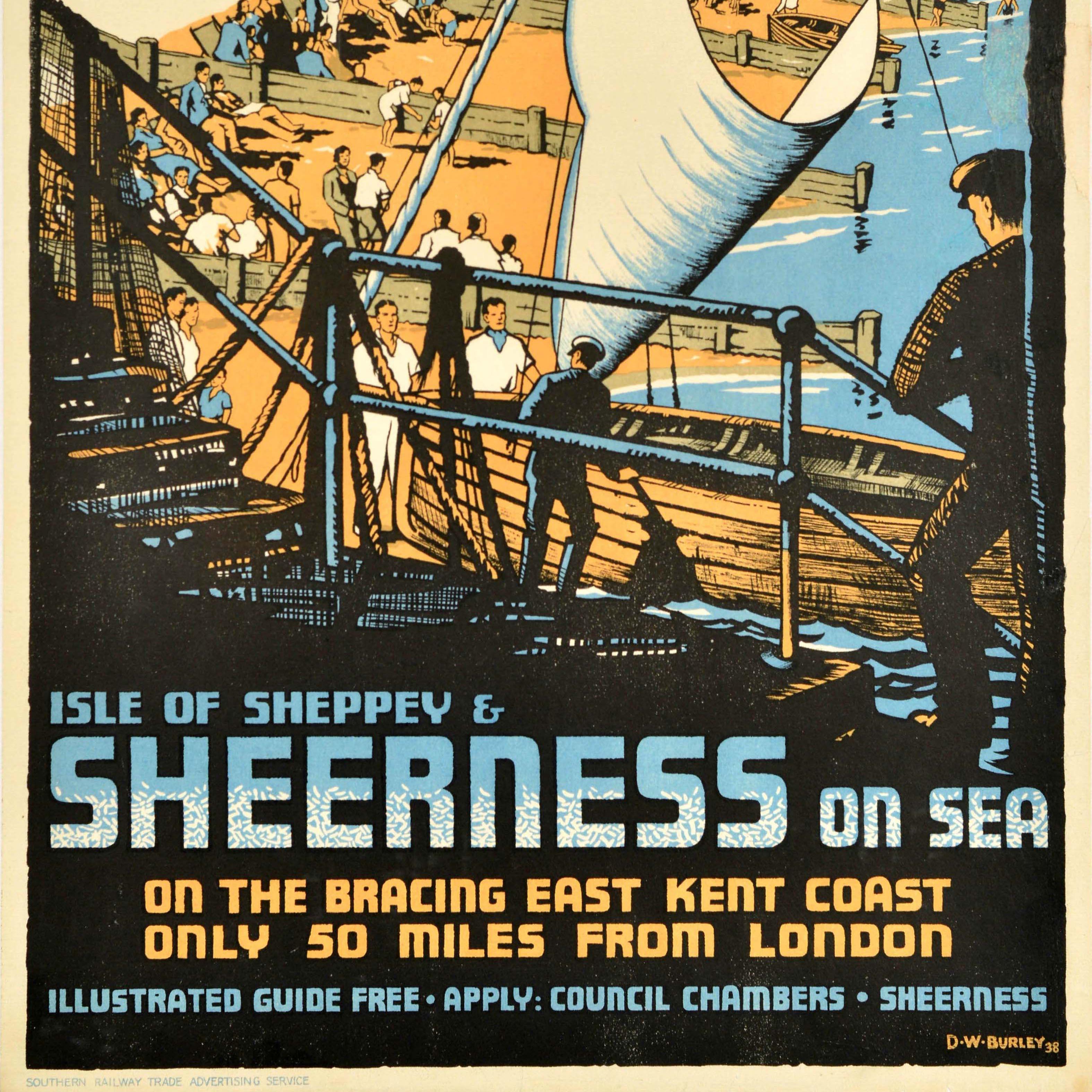 Original vintage train travel poster for the Isle of Sheppey & Sheerness on Sea on the bracing East Kent Coast only 50 miles from London featuring great artwork depicting a man on steps in the foreground looking at the holiday makers sunbathing on