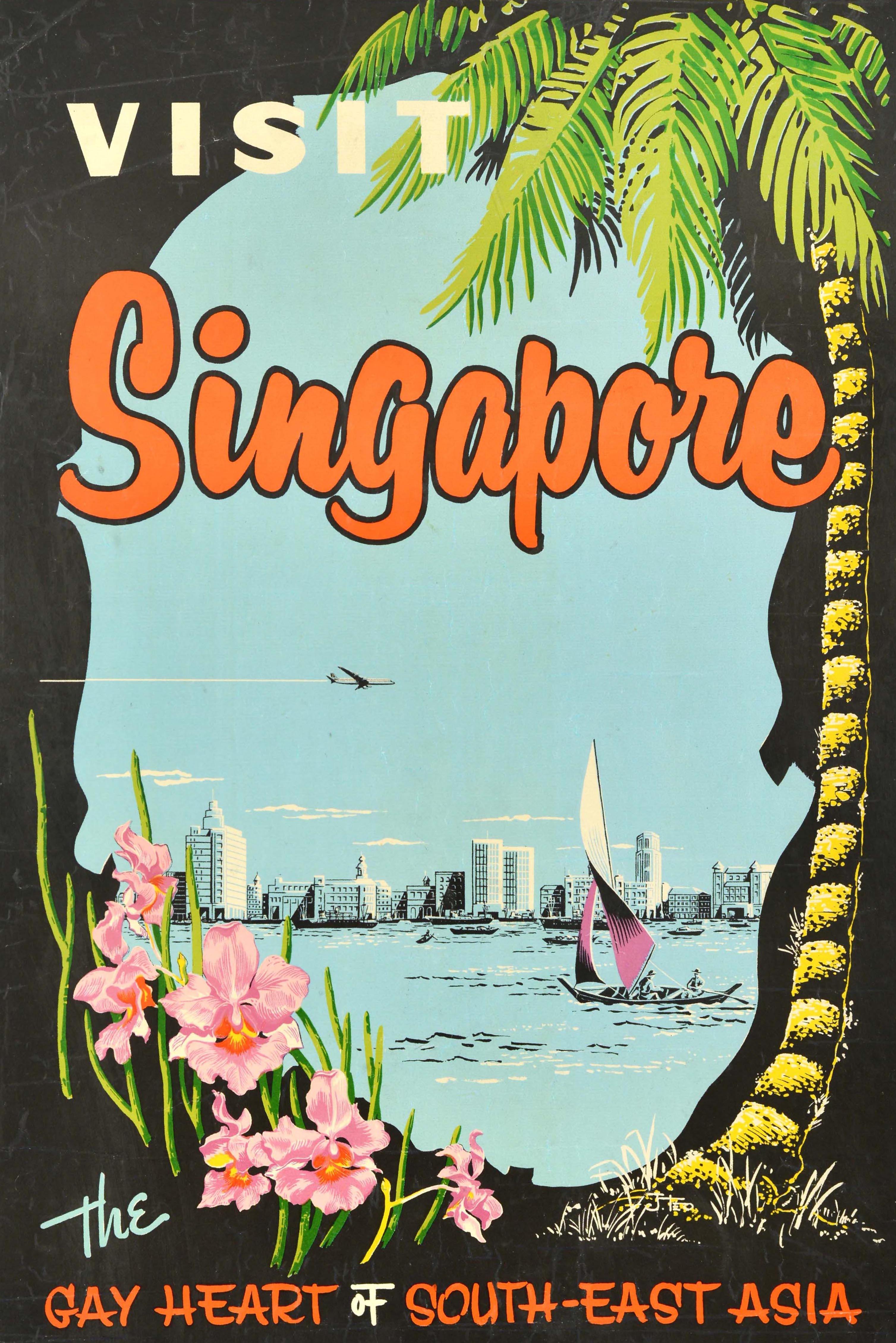 Original Vintage Travel Poster Singapore Gay Heart Of South East Asia Orchid Art - Print by Unknown