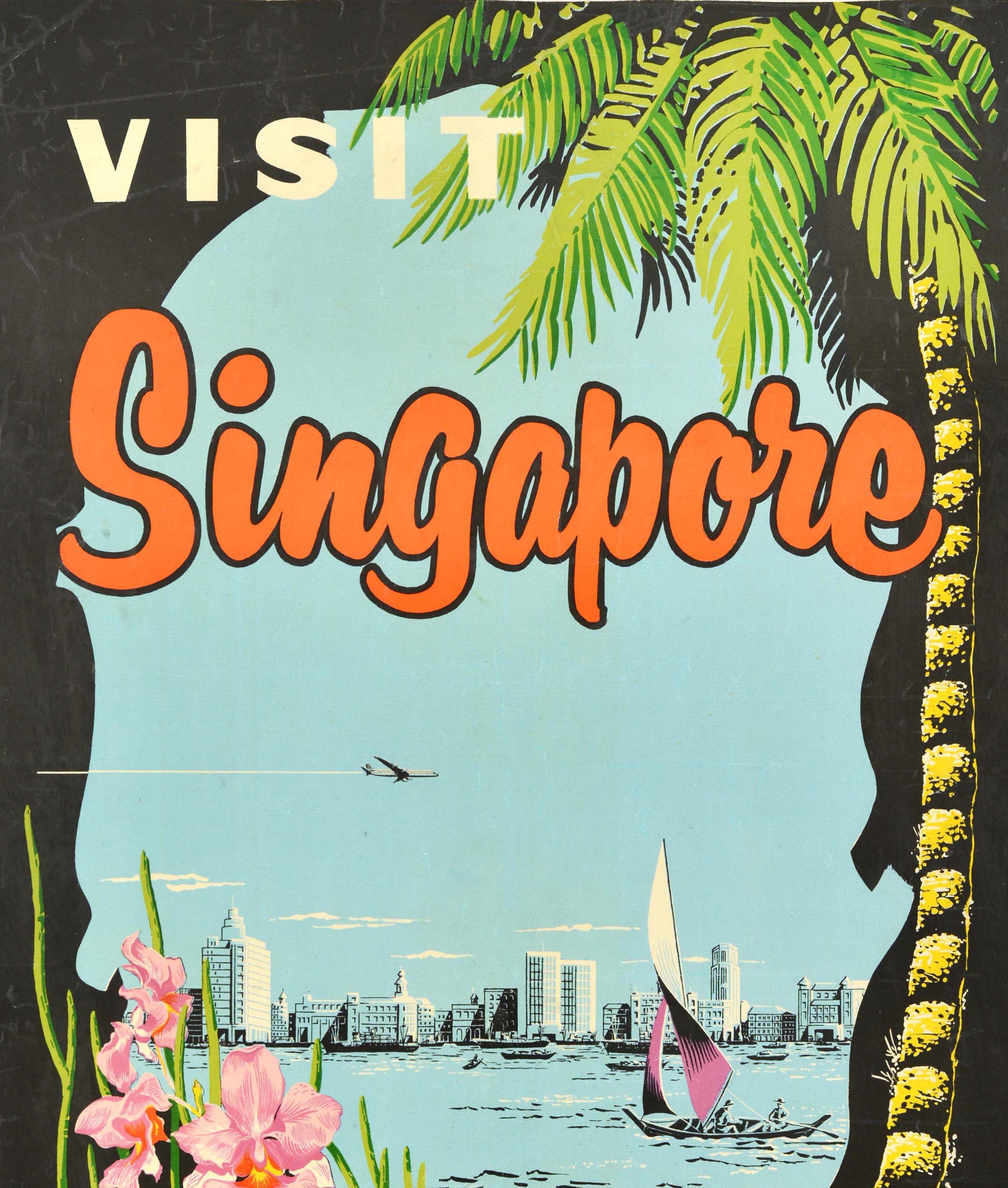 Original vintage travel poster - Visit Singapore The Gay Heart of South East Asia - featuring a great illustration of a sailing boat in front of other boats and the city buildings in the distance, a plane flying above with the view framed by pink