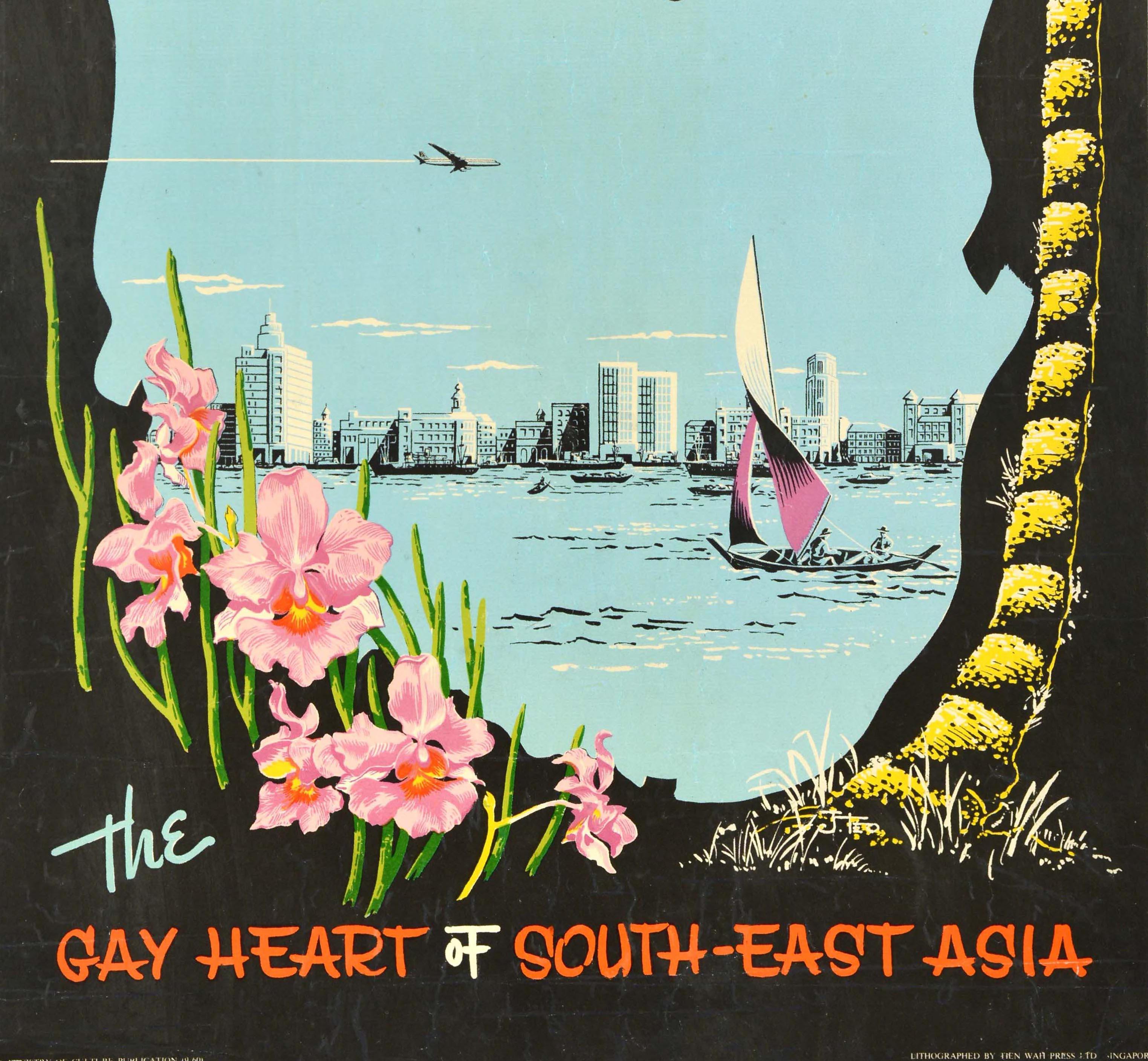 Original Vintage Travel Poster Singapore Gay Heart Of South East Asia Orchid Art 1
