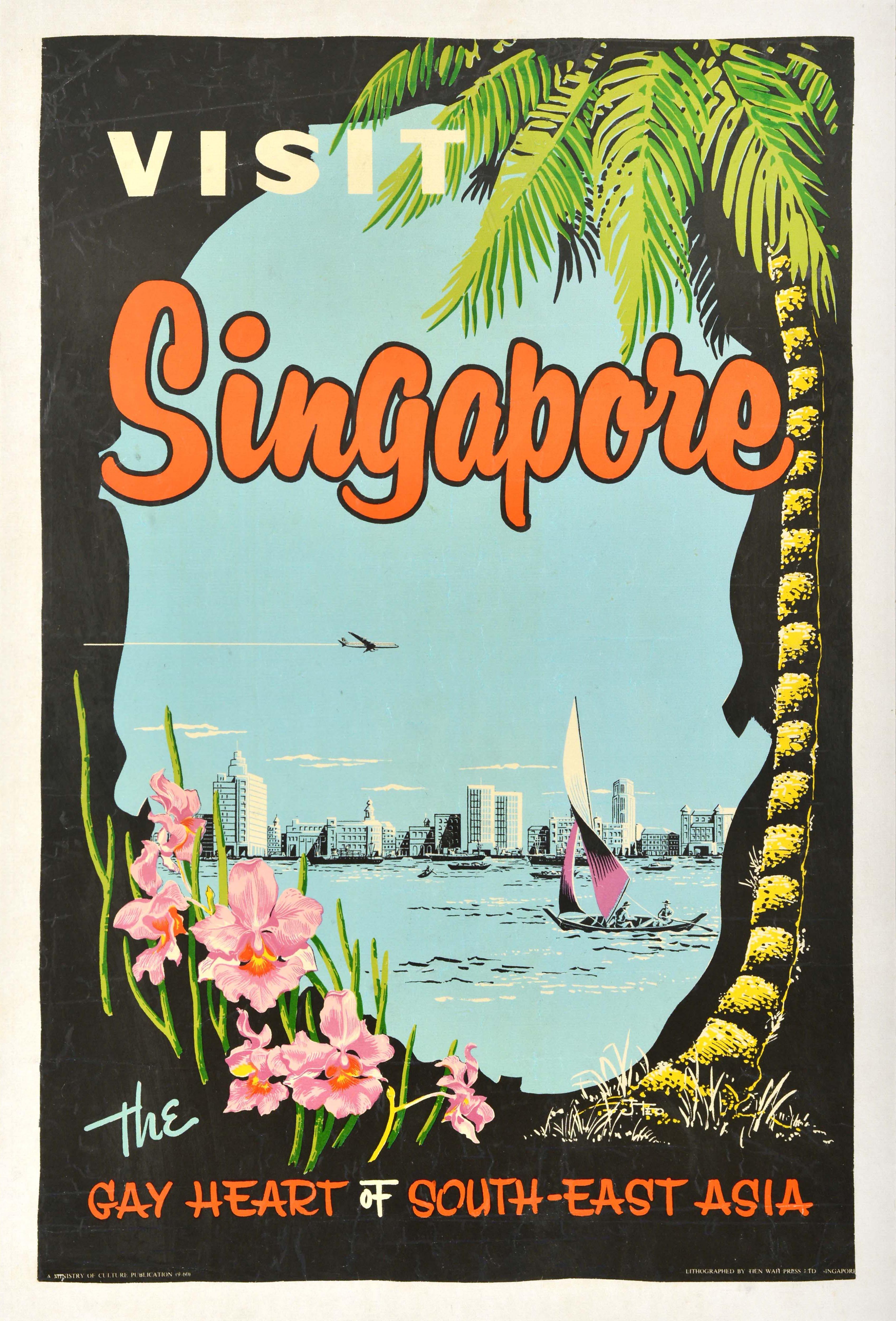 Unknown Print - Original Vintage Travel Poster Singapore Gay Heart Of South East Asia Orchid Art