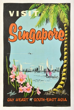 Original Vintage Travel Poster Singapore Gay Heart Of South East Asia Orchid Art