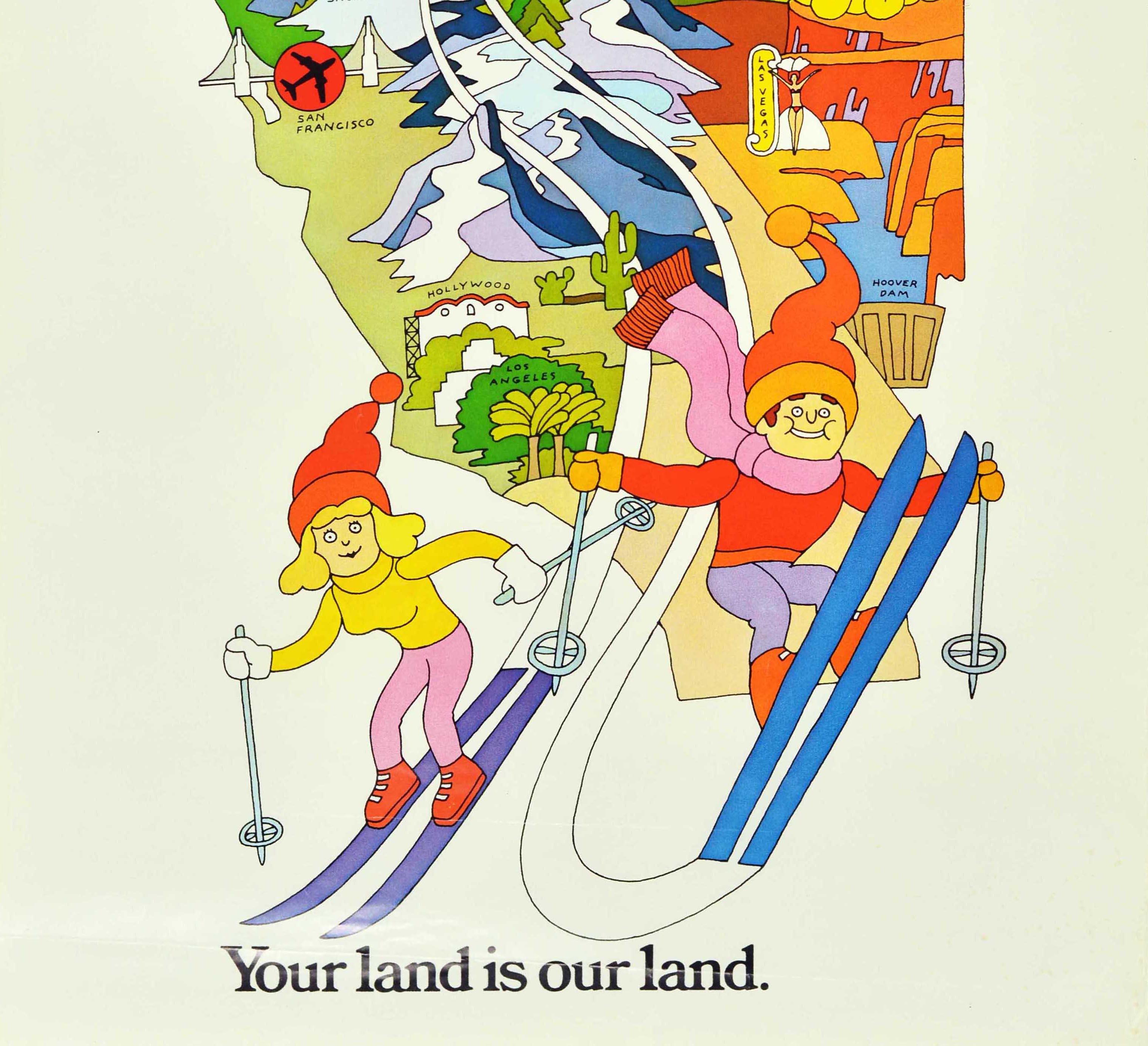 Original vintage travel poster - Ski the West United Air Lines California Nevada Your Land is our land. Colourful psychedelic style design depicting two skiers skiing towards the viewer with their ski lines in front of a map showing snow topped